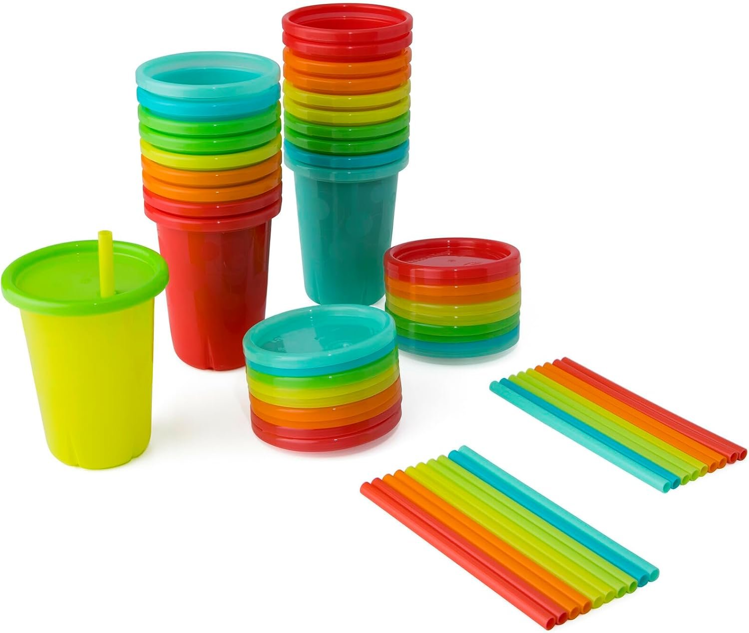 The First Years Take & Toss Straw Cups – Spill-Proof Kids Cups with Snap-On Lids and Straws – Portable and Dishwasher Safe Party Pack – Rainbow – 10 Oz – 20 Count – Ages 18 Months and Up