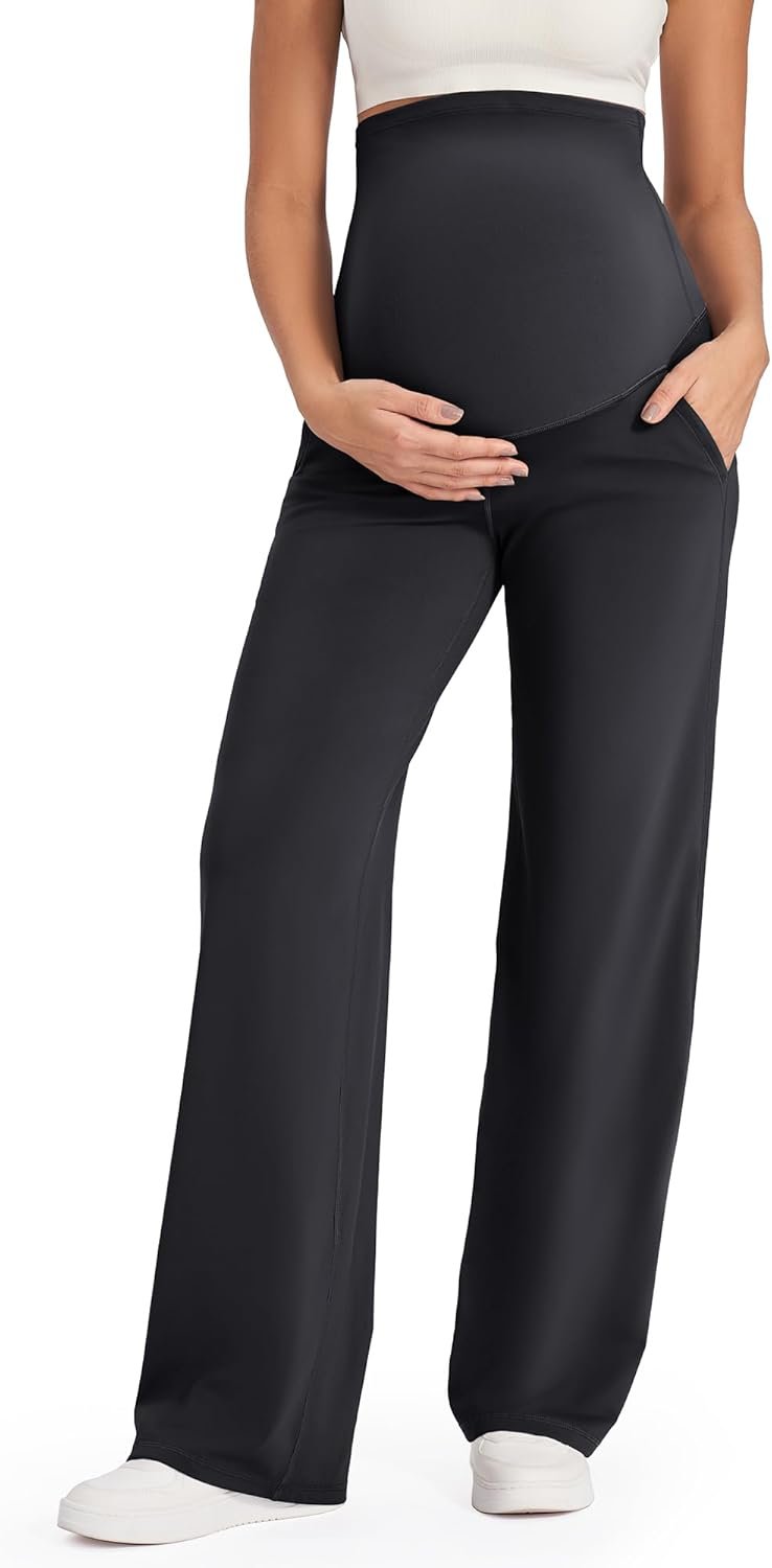 G4Free EverGoing Maternity Pants Over the Belly Yoga Dress Work Stretchy Lounge Pregnancy Wide Leg Trousers with Pockets