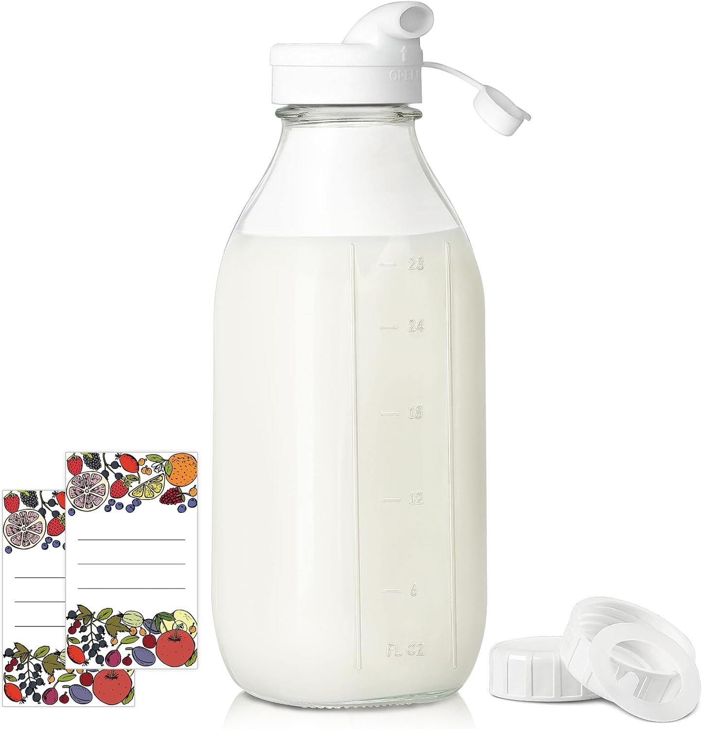 Syntic Square Liter Glass Milk Bottles with Airtight Lid – 100% Leak-Proof Heavy Duty Screw Cap, 32 Oz Glass Juice Bottles w Scale Mark, Reusable Jugs Pitcher for Homemade Juice(Extra 1 Lid and Pen)