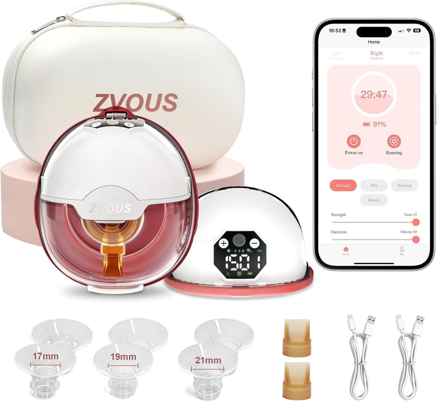Hands Free Breast Pump Comfortable, Painless Strong Suction Power Rechargeable Electric Breast Pump Smart App Wearable Pump Leakproof 4 Modes Levels Wireless Pump for Driving Office Yoga Sleeping
