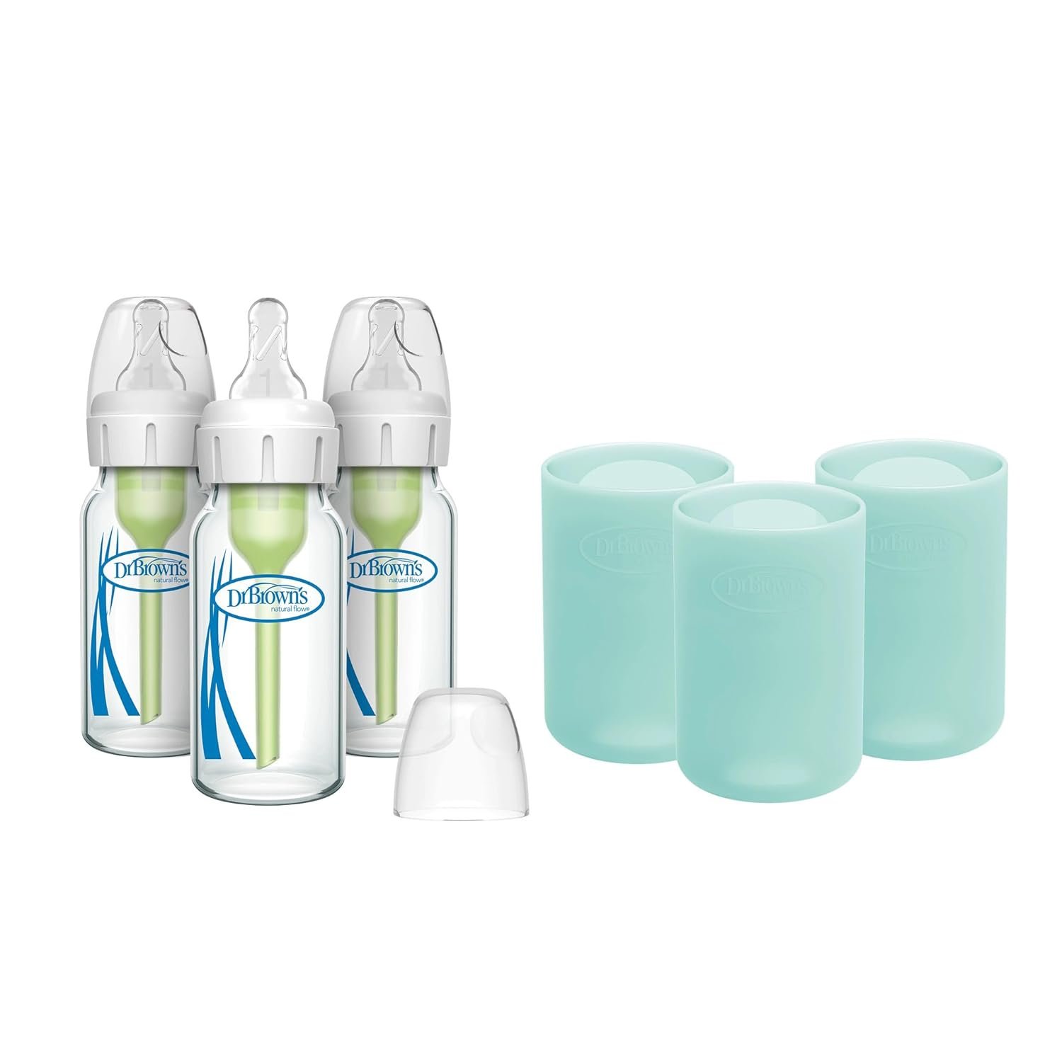 Dr. Brown’s Anti-Colic Options+ Narrow Glass Baby Bottles 4 oz/120 mL, with Level 1 Slow Flow Nipple, 3 Pack 0m+ with Mint 100% Silicone Sleeves, BPA-Free