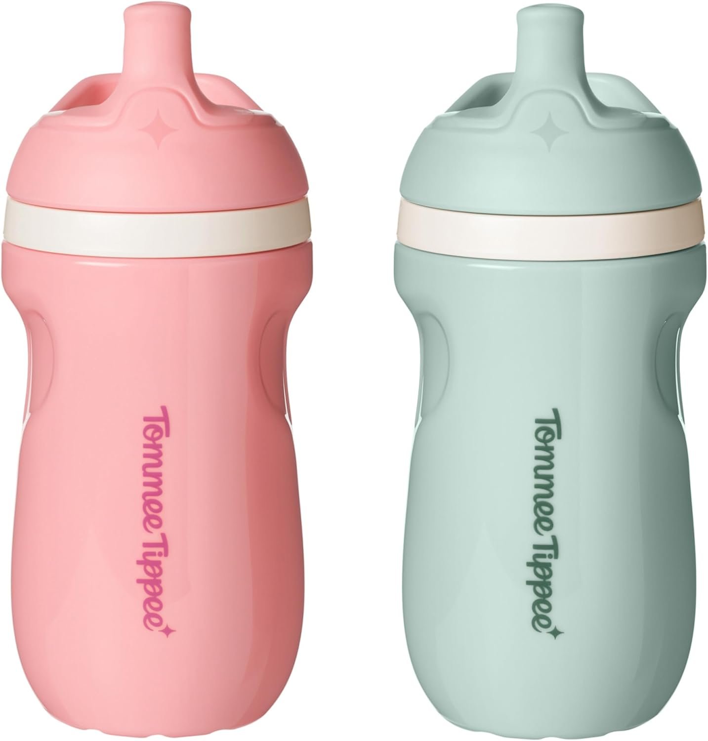 Tommee Tippee Insulated 9oz Sporty Spout Toddler Water Bottle, No Spill Sippy Cups for Toddlers 1-3, Two-Piece Valve Helps Stop Spills, BPA Free, Pink and Mint, Pack of 2