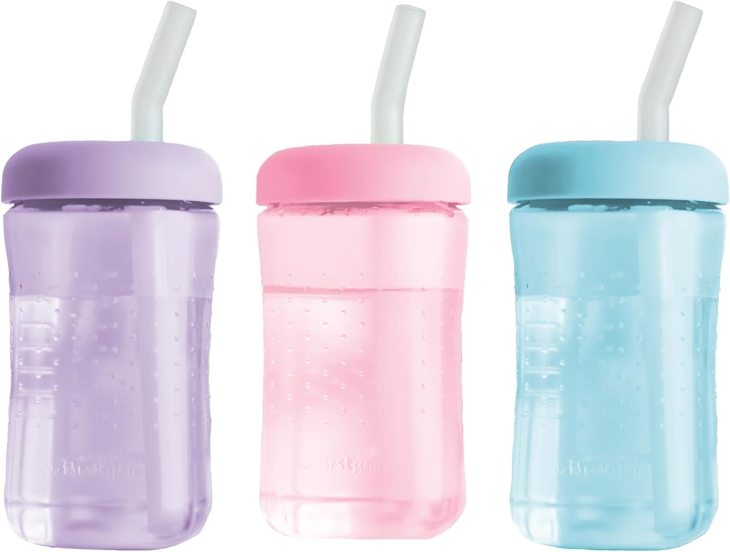 The First Years Squeeze & Sip Toddler Straw Cups – Squeezable Transition Sippy Cup with Silicone Straw – Toddler Feeding Supplies – Pink/Purple/Blue – 7 Oz – 3 Count – Ages 6 Months and Up