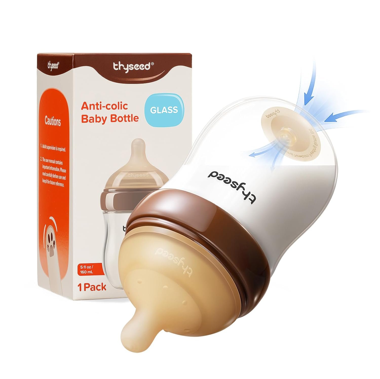 Thyseed Anti-Colic Glass Baby Bottle for Breastfed Infants, Natural Feeding, Breast-Like Newborn Extra Slow Flow Nipple (0m+), 5 oz, 1 Pack