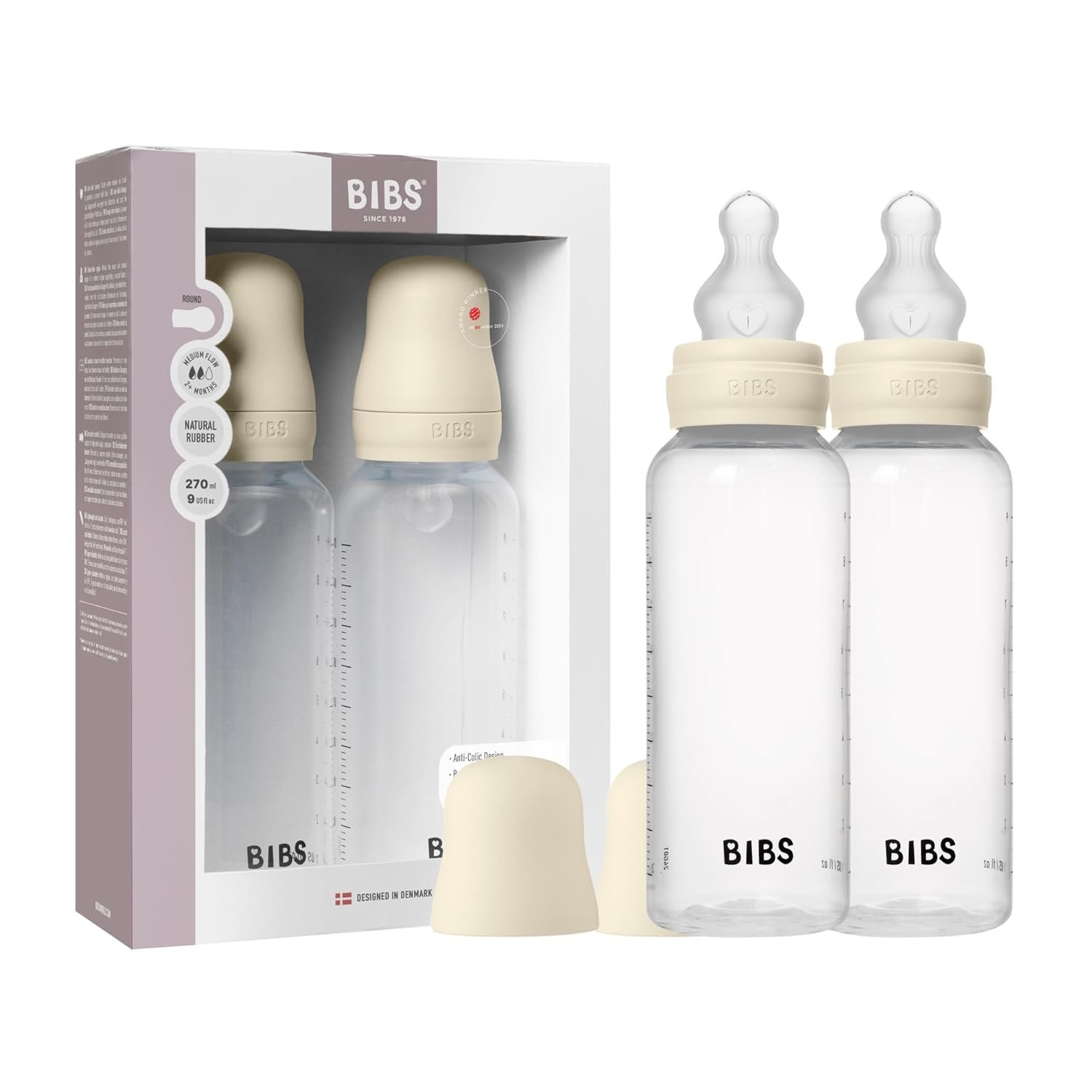 BIBS Baby Bottle 9 oz / 270 ml Silicone Nipple 2 Pack – Anti-Colic, BPA-Free, Round Nipple, Medium Flow, Lightweight & Easy to Clean, Suitable for Newborns 0+ Years – Ivory