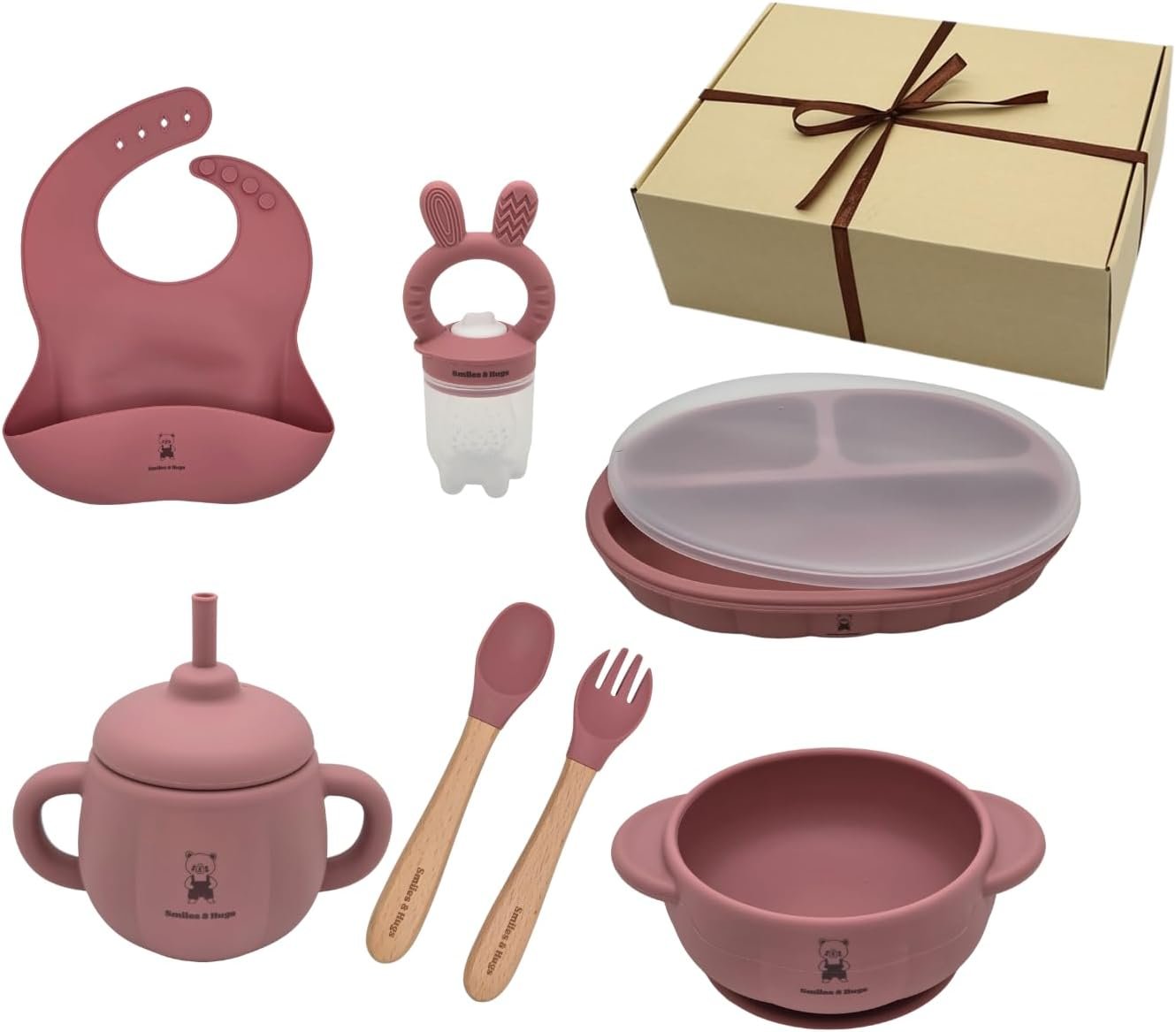 Smiles & Hugs Baby Feeding Set – Silicone Suction Bowl, Plate, Bib, Spoon, Fork & Fruit Feeder Pacifier – BPA-Free Baby Dinnerware Kit (Dark Pink)