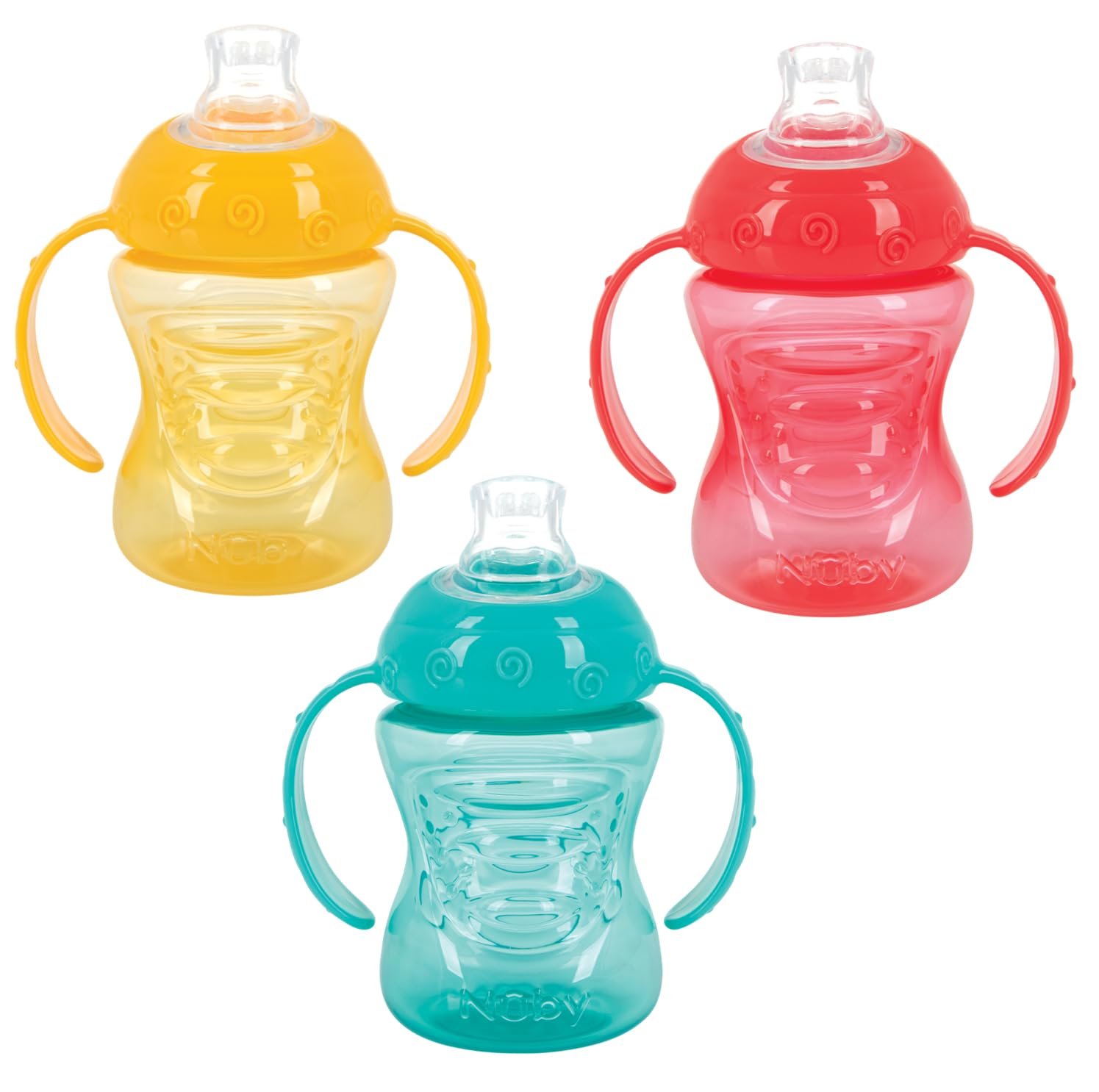 Nuby 3 Pack Two Handle No Spill Toddler Sippy Cups – Toddler Cups Spill Proof with Easy and Firm Grip – Aqua, Yellow, Coral