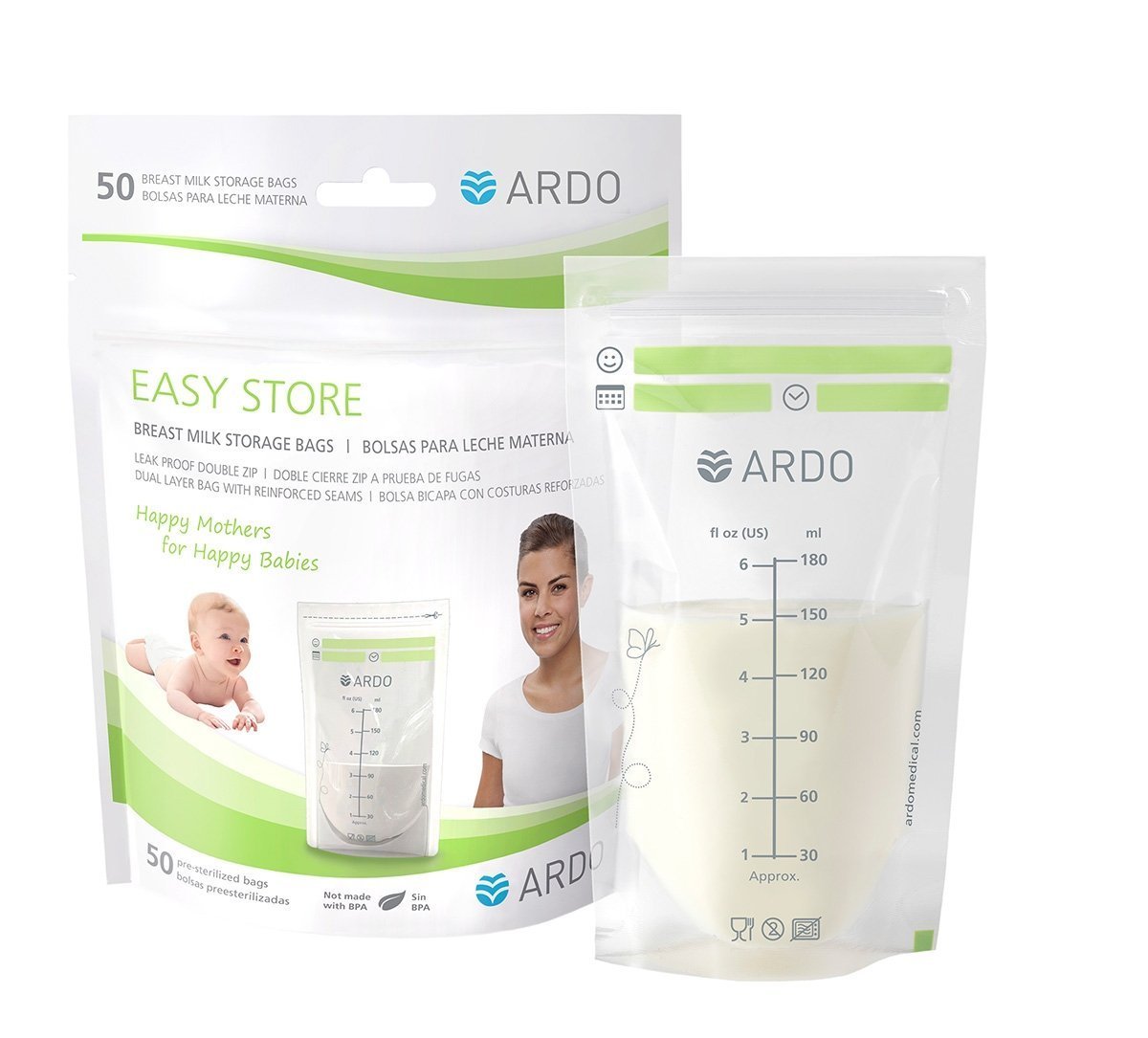 Ardo Easy Store – 50 Extra-Strong Breast Milk Storage Bags for Fridge and Freezer (180ml, 6 fl.oz.), with Easy-to-Read Scaling, 50 Bags, Stackable and Self-Standing