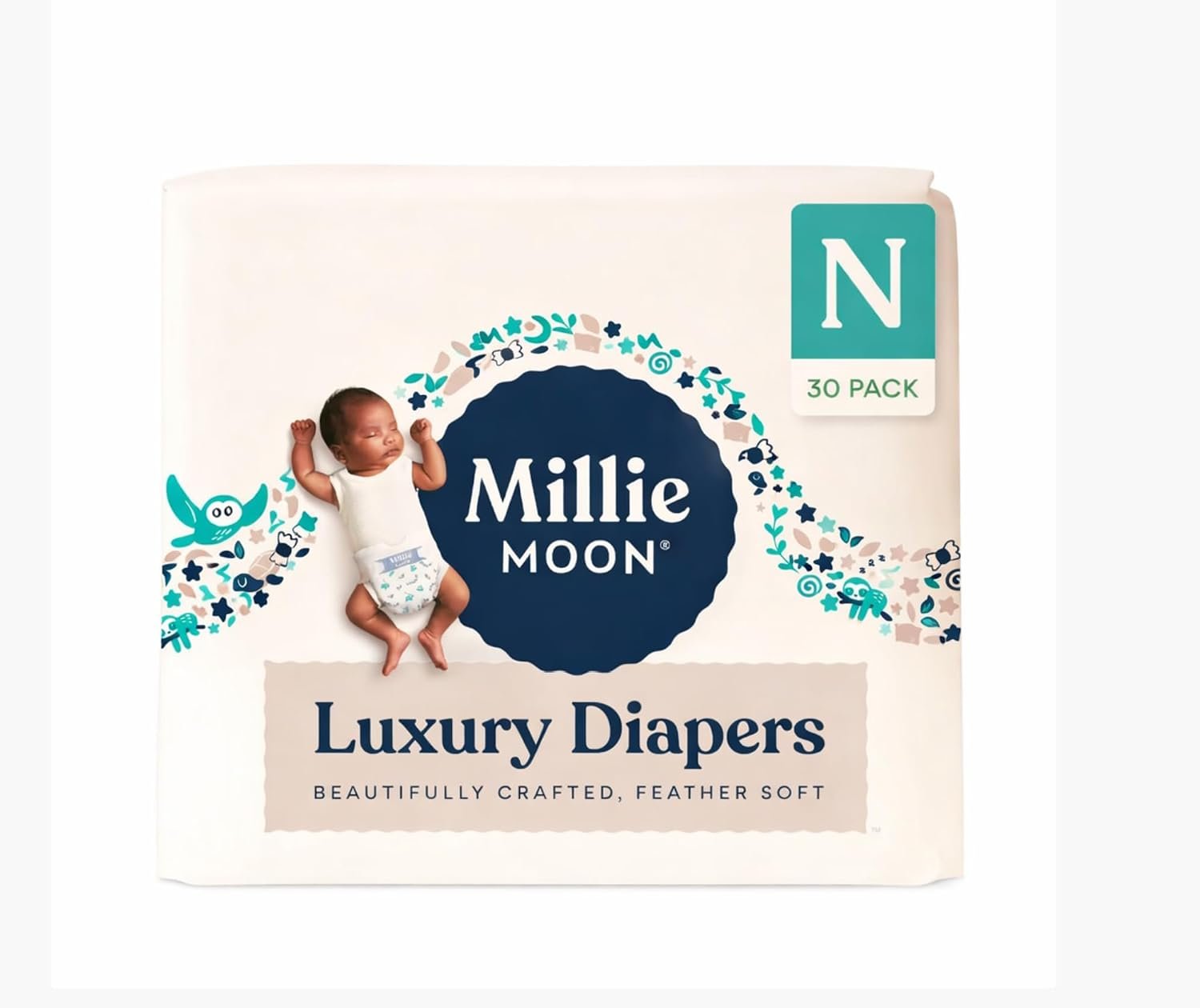 Millie Moon Luxury Disposable Baby Diapers Newborn Size I 30 Count I Ultra Soft Comfort, Absorbent Core for Day & Night Use, Wetness Indicator, Gentle Materials, Secure Fit