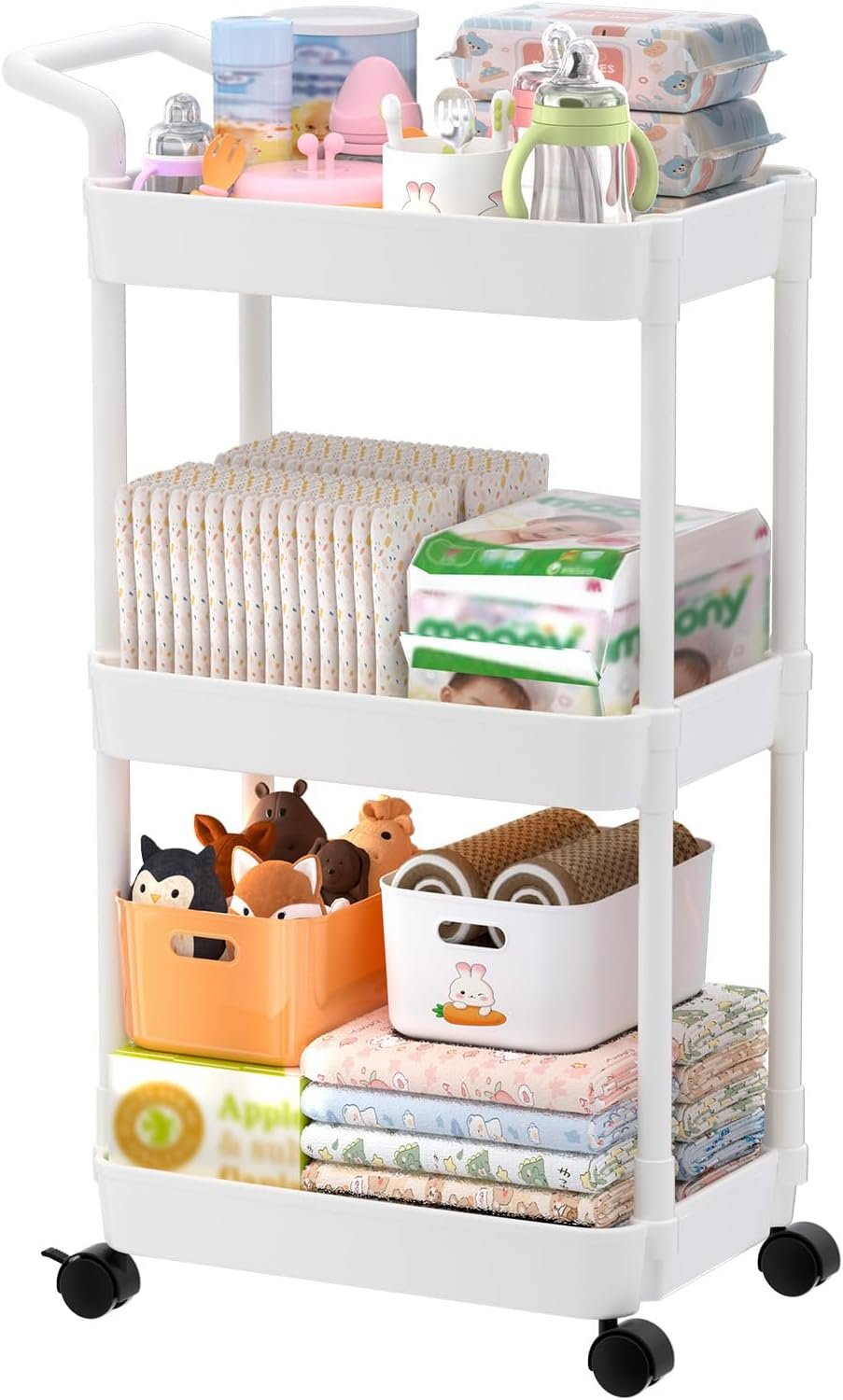 Volnamal Baby Diaper Caddy, Plastic Movable Cart for Newborn Nursery Essentials Diaper Storage Organizer for Changing Table & Crib, Easy to Assemble, Baby Registry, Off-White