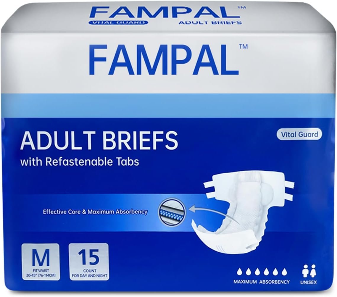 Vital Guard Adult Diapers, Disposable Incontinence Briefs with Tabs for Men and Women, Maximum Absorbency, Odor Control, Medium, 15 Count
