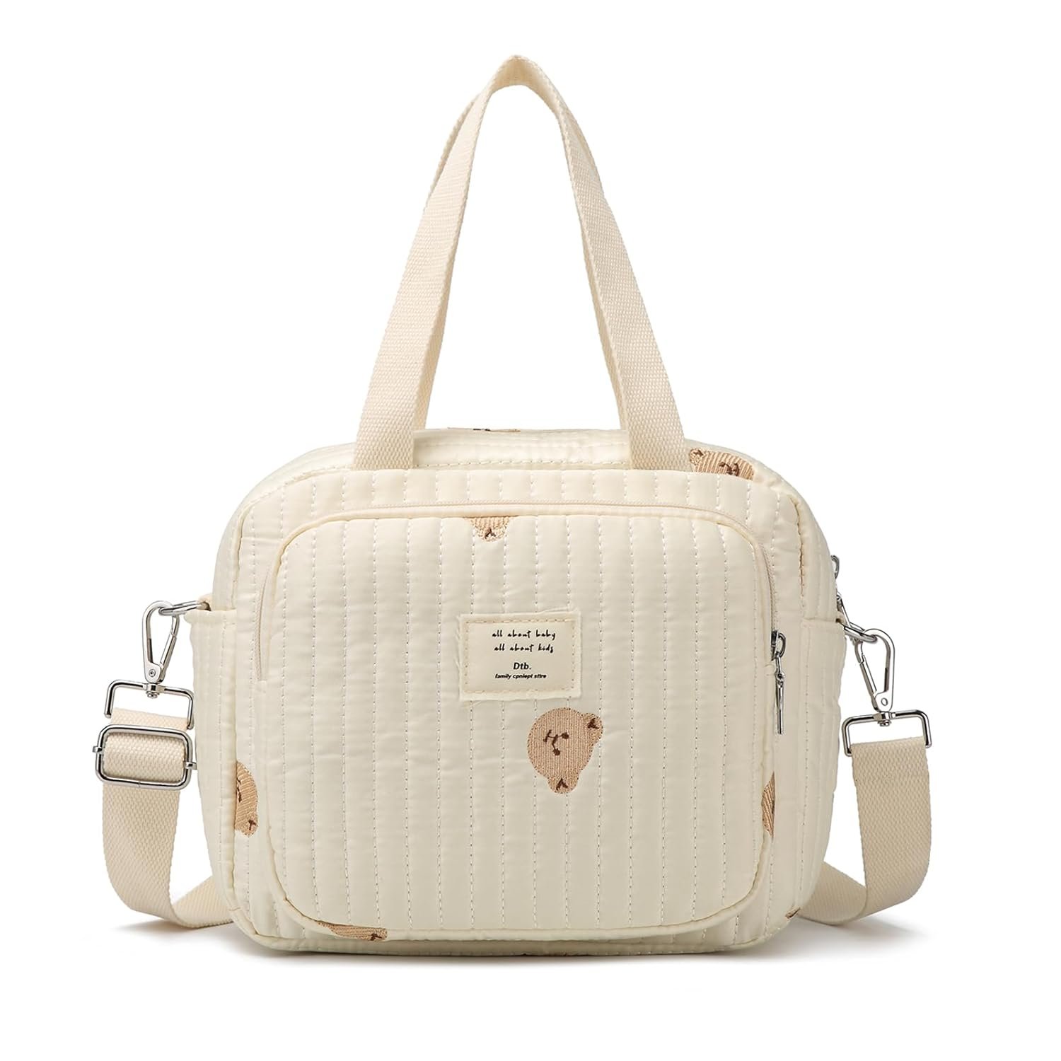 Small Diaper Bag Tote, Crossbody Diaper Bag Mini Purse with 7 Pockets, Travel Baby Bag for Boys & Girls, 2 Bottle Pocket, Off White