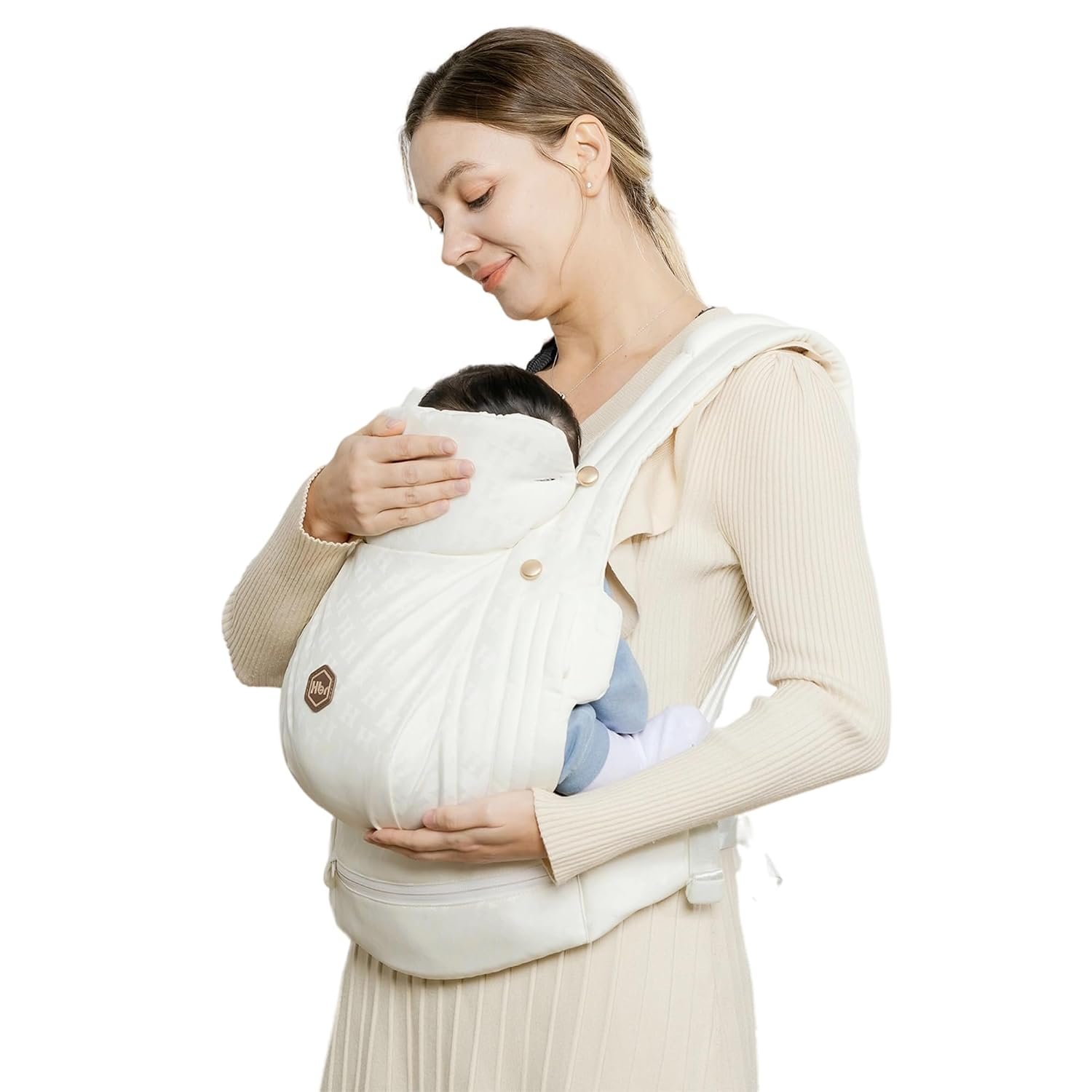 HBR Ergonomic Baby Carrier, Soft & Comfortable with Adjustable Head Support and Sleep Hood, Lightweight & Easy to Wear, 6-in-1 Hands-Free Carrier for Newborn to Toddler (7–45 lbs), AirMesh Pearl White