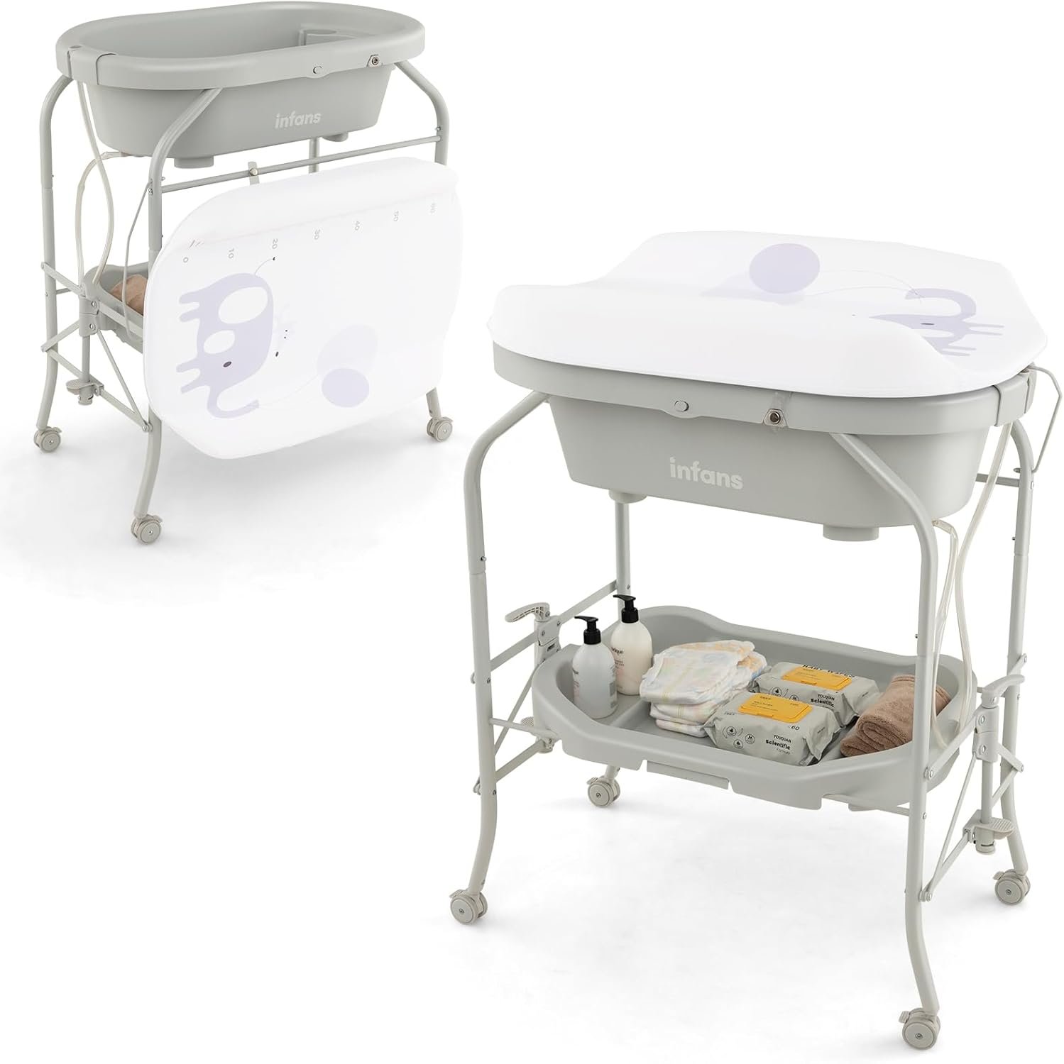 INFANS 2 in 1 Baby Changing Table with Bath Tub Unit, Folding Diaper Dresser Station with Wheels Waterproof Pad Storage Rack, Portable Nursery Organizer Stand for Newborn Infant (Light Grey)