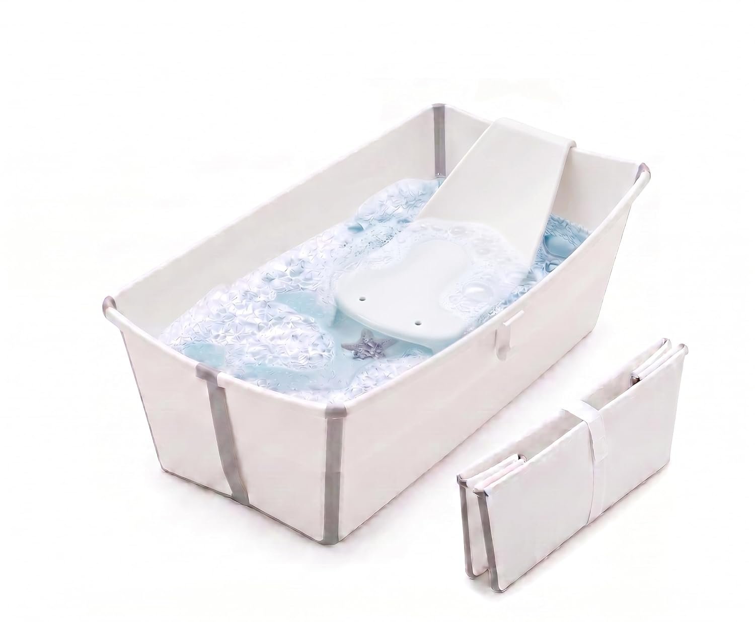 Stokke Flexi Bath Portable Baby Bathtub Bundle with Heat-Sensitive Plug and Newborn Baby Bath Support, White Grey