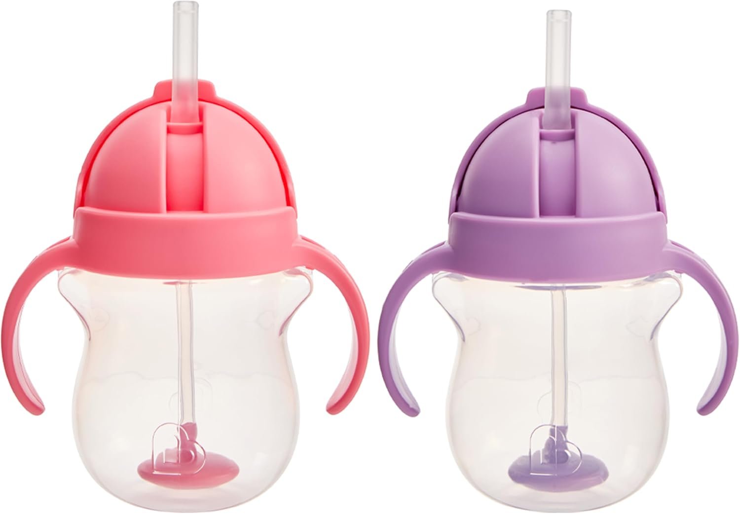 Munchkin Any Angle Sippy Cups for Toddlers, Spill Proof Weighted Straw Cup with Transition Handles for Babies 6 Months and Up, 7 Ounce, 2 Pack, Pink/Purple