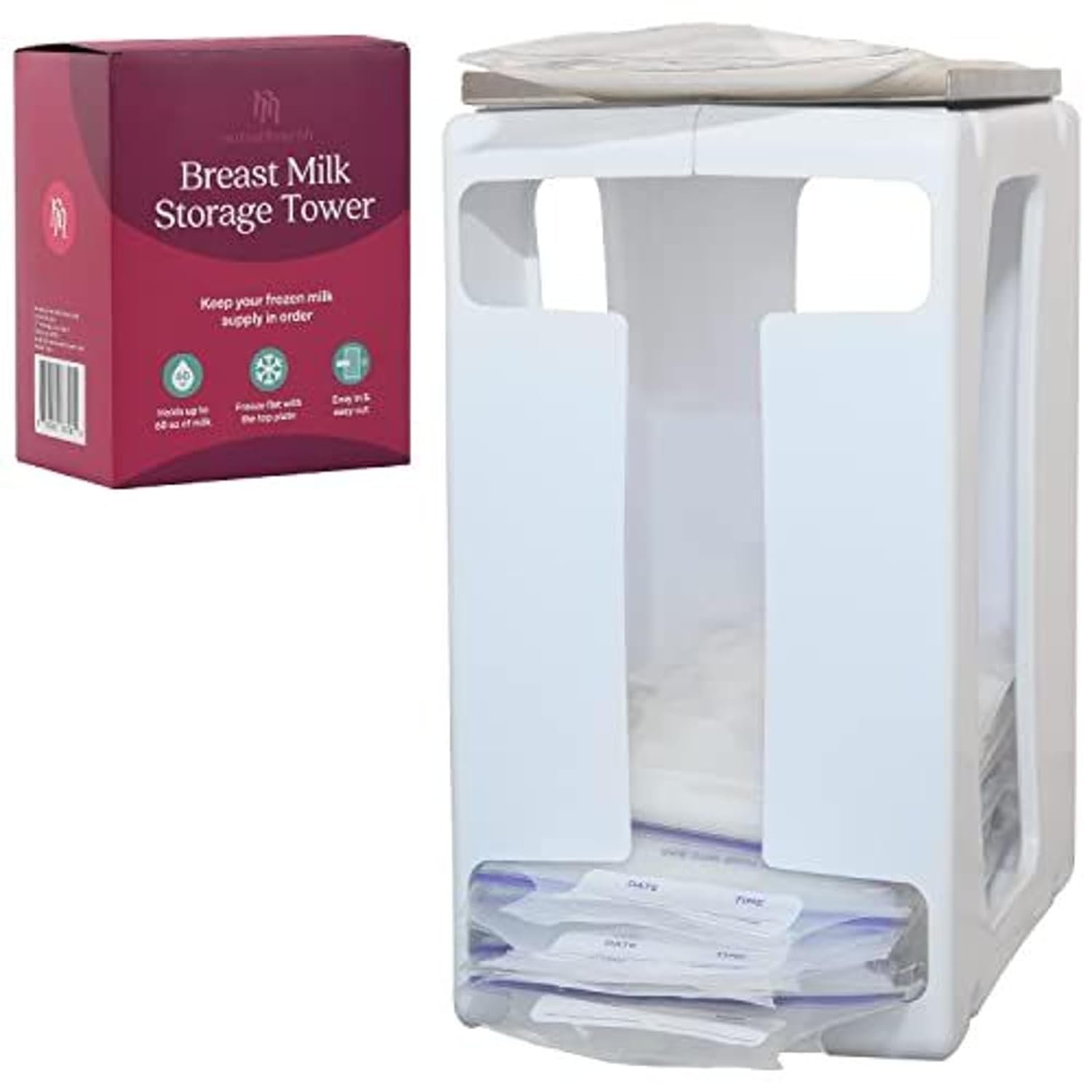Nurse & Nourish Breast Milk Storage Tower & Freezer Organizer Bin – Space-Saving Rack for Breast Milk Storage Bags – Flat-Freeze Tray for Freezer Bins – First-In, First-Out for Baby Essentials – White