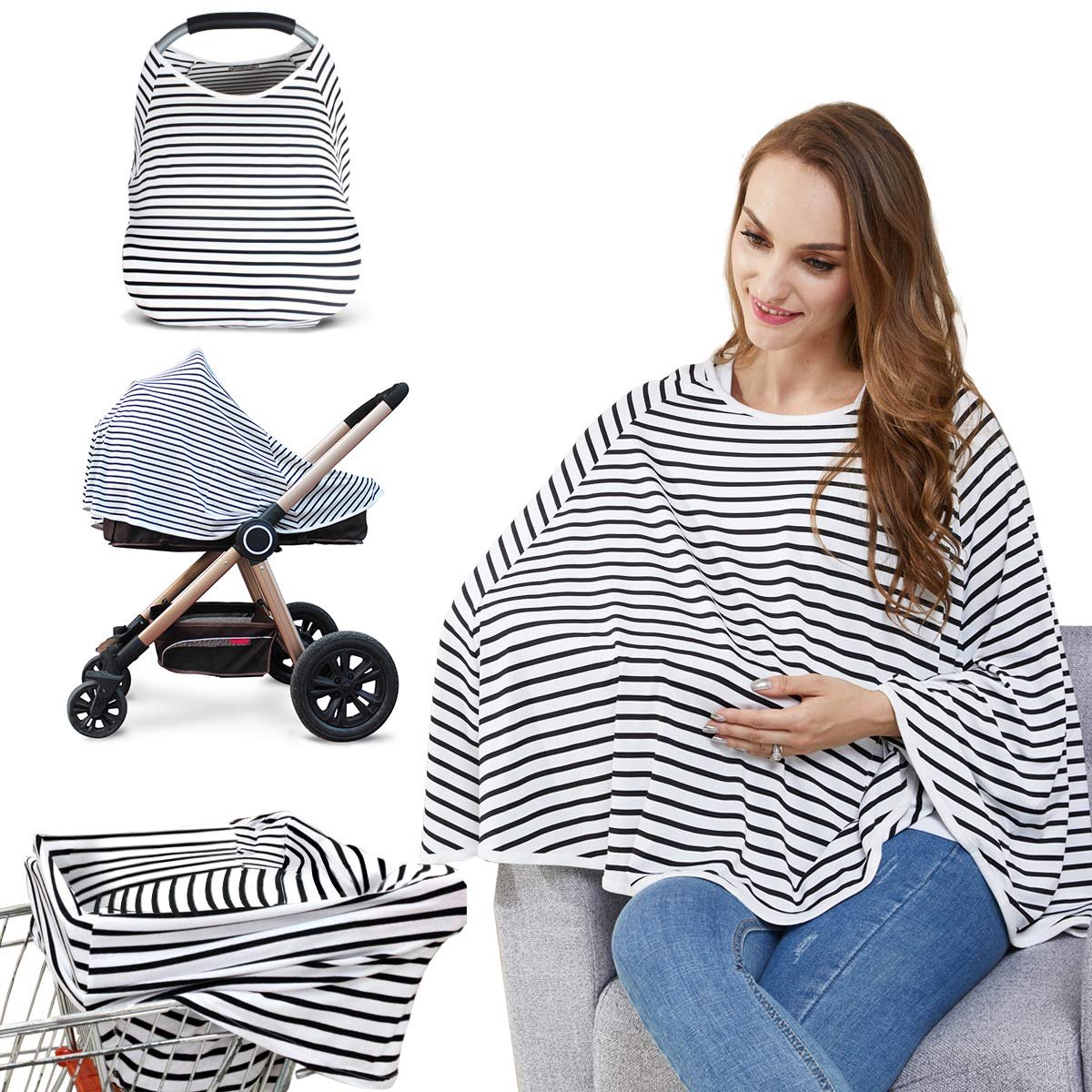 Baby Nursing Cover & Nursing Poncho – Multi Use Cover for Baby Car Seat Canopy, Shopping Cart Cover, Stroller Cover, 360° Full Privacy Breastfeeding Coverage, Baby Shower Gifts for Boy&Girl