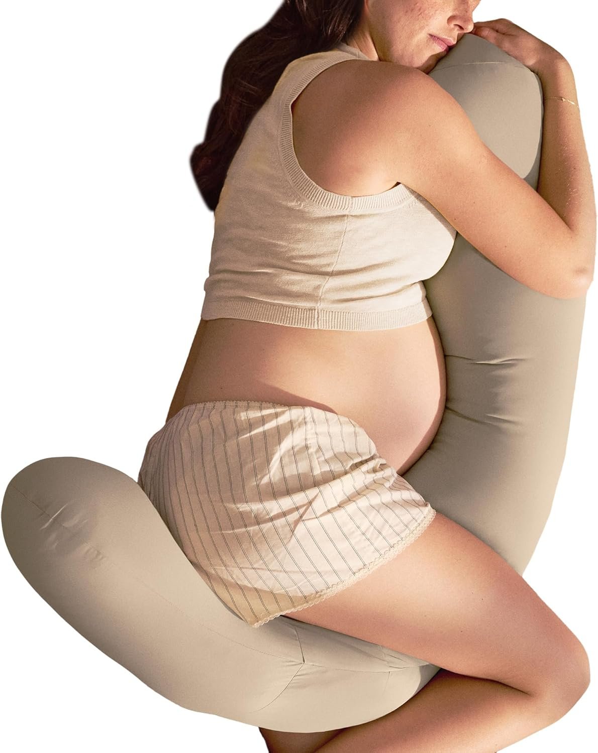 Frida Mom Compact Support 4-in-1 Pregnancy Pillow, Cooling Pregnancy Pillow, Twist & Bends into 4 Shapes for Comfort & Full Body Support, Compact Storage, Easy to Clean, Breathable, Storage Bag, Taupe