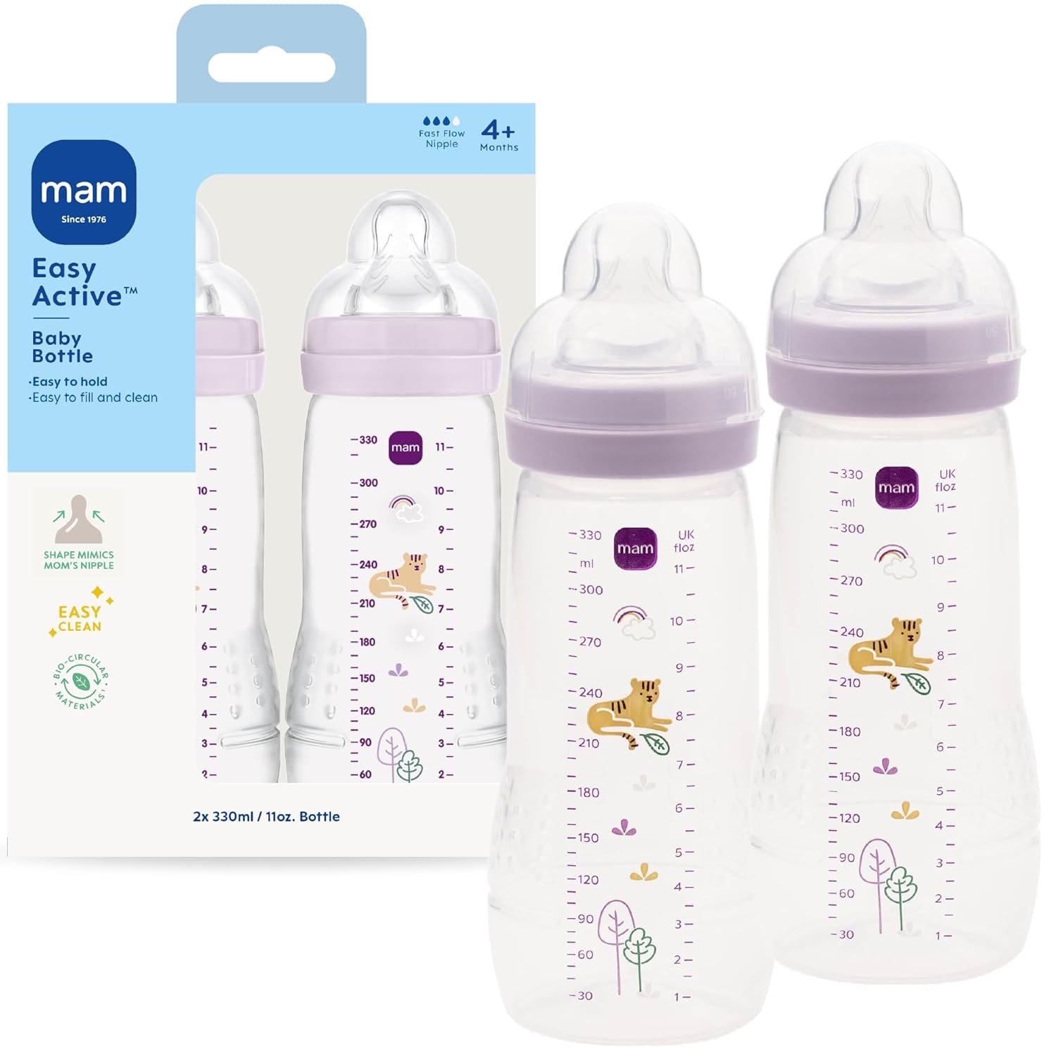 MAM Easy Active Natural Flow Anti-Colic Baby Bottle, 4+ Months, 2 Pack, 11oz, BPA Free, Fast Flow Skin Soft Anti-Colic Silicone Nipple, Anti-Slip Grip, Leak-Proof, Made in Europe, Purple Iris