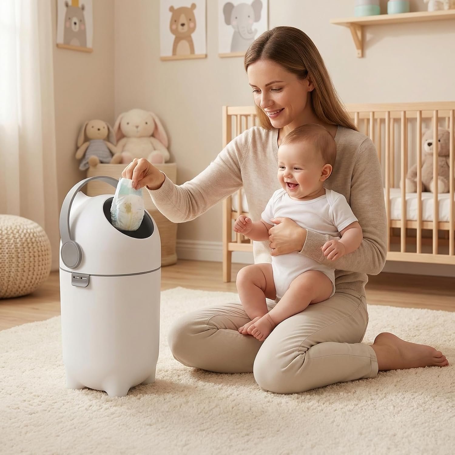 Diaper Pail with Airtight Lid, Odor Control Diaper Disposal, 15 Liter/ 4 Gallon Nursery Trash Can, Holds Up to 16 Newborn Diapers, Refill with Any Bags, Baby Registry Gift (Grey)