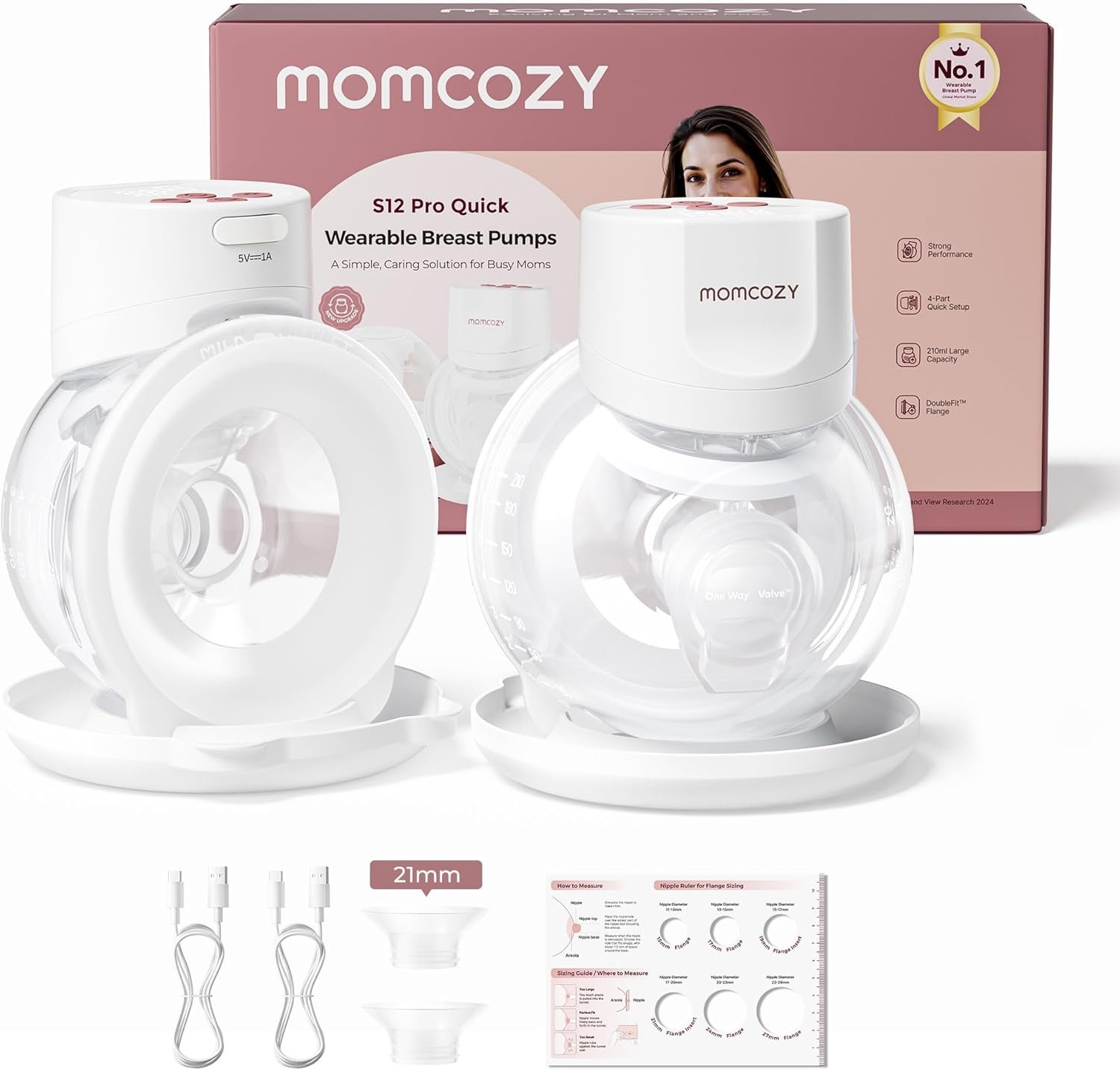 Momcozy Breast Pump S12 Pro Quick, Hands-Free Wearable & Wireless Pump, with DoubleFit Hybrid Flange, 3 Modes & 9 Levels Electric Pump Portable, Smart Display, 24mm Flange, 2 Count, Cozy White