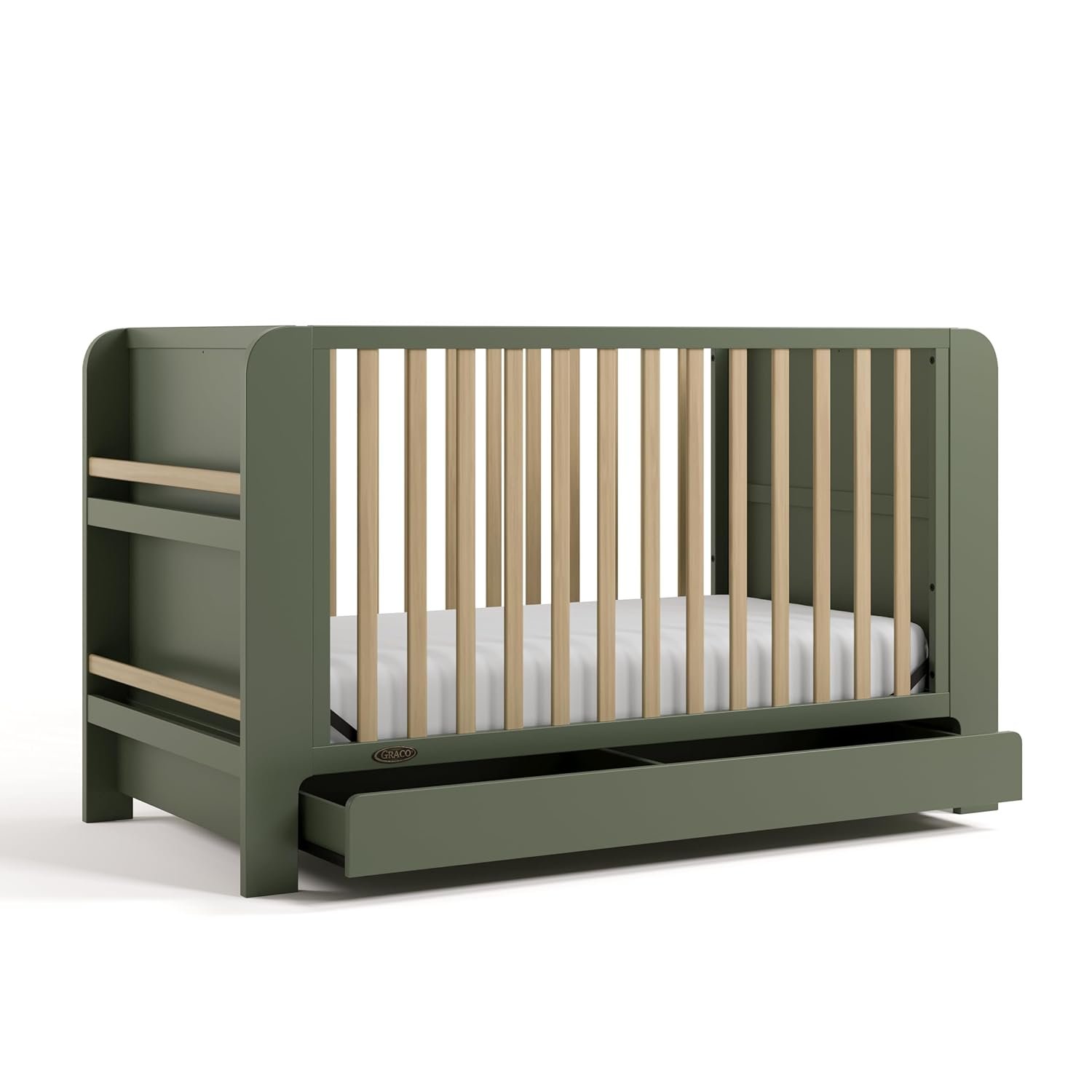 Graco Read-with-Me 4-in-1 Convertible Crib with Drawer – GREENGUARD Gold Certified Converts to Toddler Bed, Daybed, and Functional Bookshelves (Olive and Driftwood)