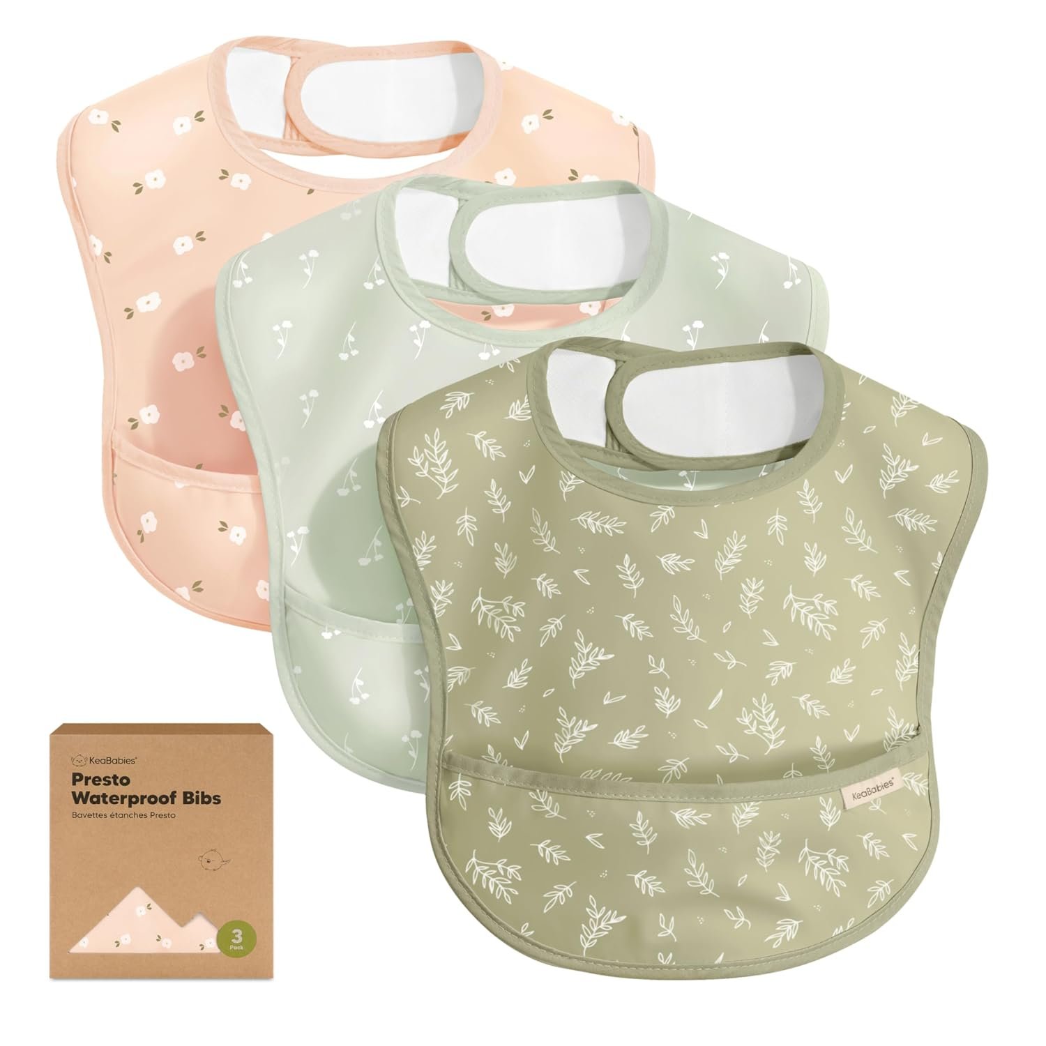 KeaBabies 3-Pack Waterproof Baby Bibs for Eating – Lightweight Toddler Feeding Bibs with Large Food Catcher, Mess Proof, Food-Grade Baby Eating Essentials, Easy to Put On & Clean (Bloom)