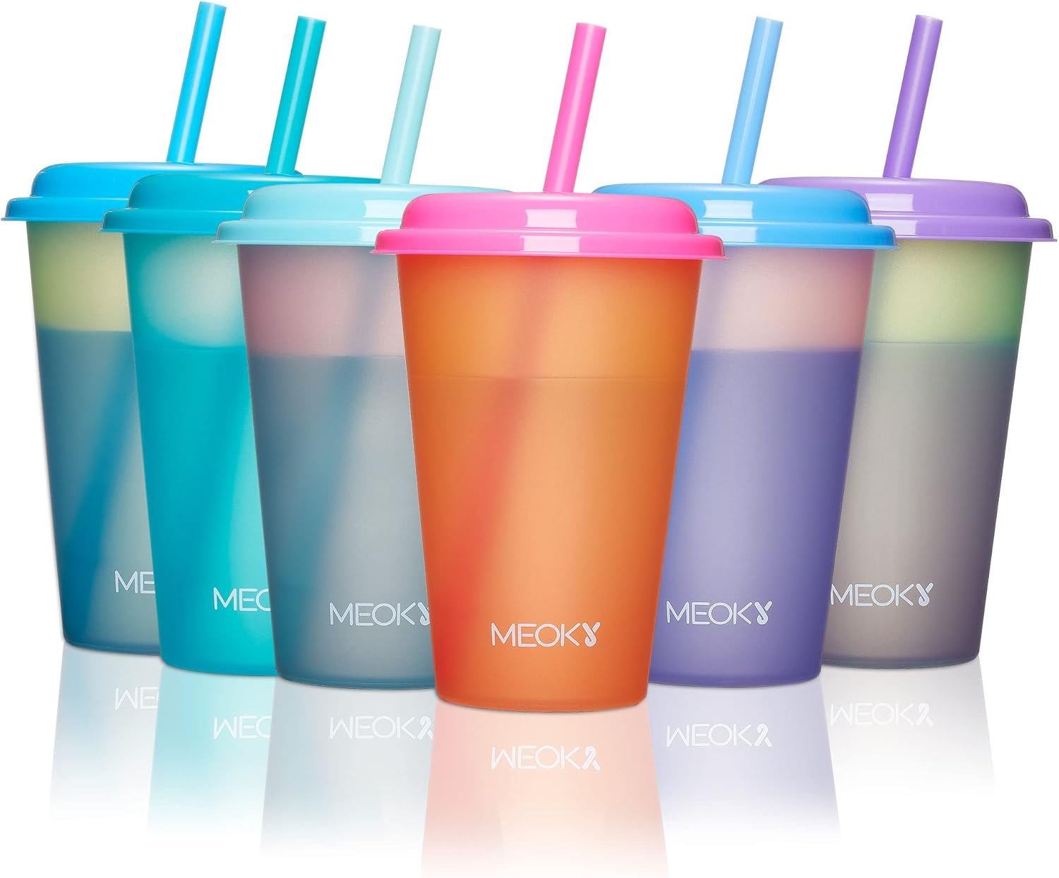 Meoky Color Changing Cups with Lids and Straws for Kids 6Pack 12oz Plastic Reusable Cold Drink Tumblers Summer Party Cups