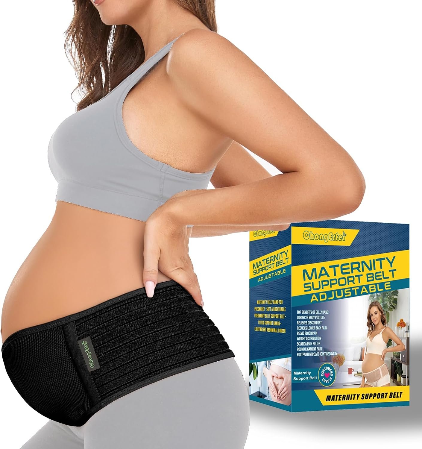 ChongErfei Pregnancy Belly Band Maternity Belt Back Support Abdominal Binder Back Brace – Relieve Back, Pelvic, Hip Pain for Pregnancy Recovery(Black,One Size)