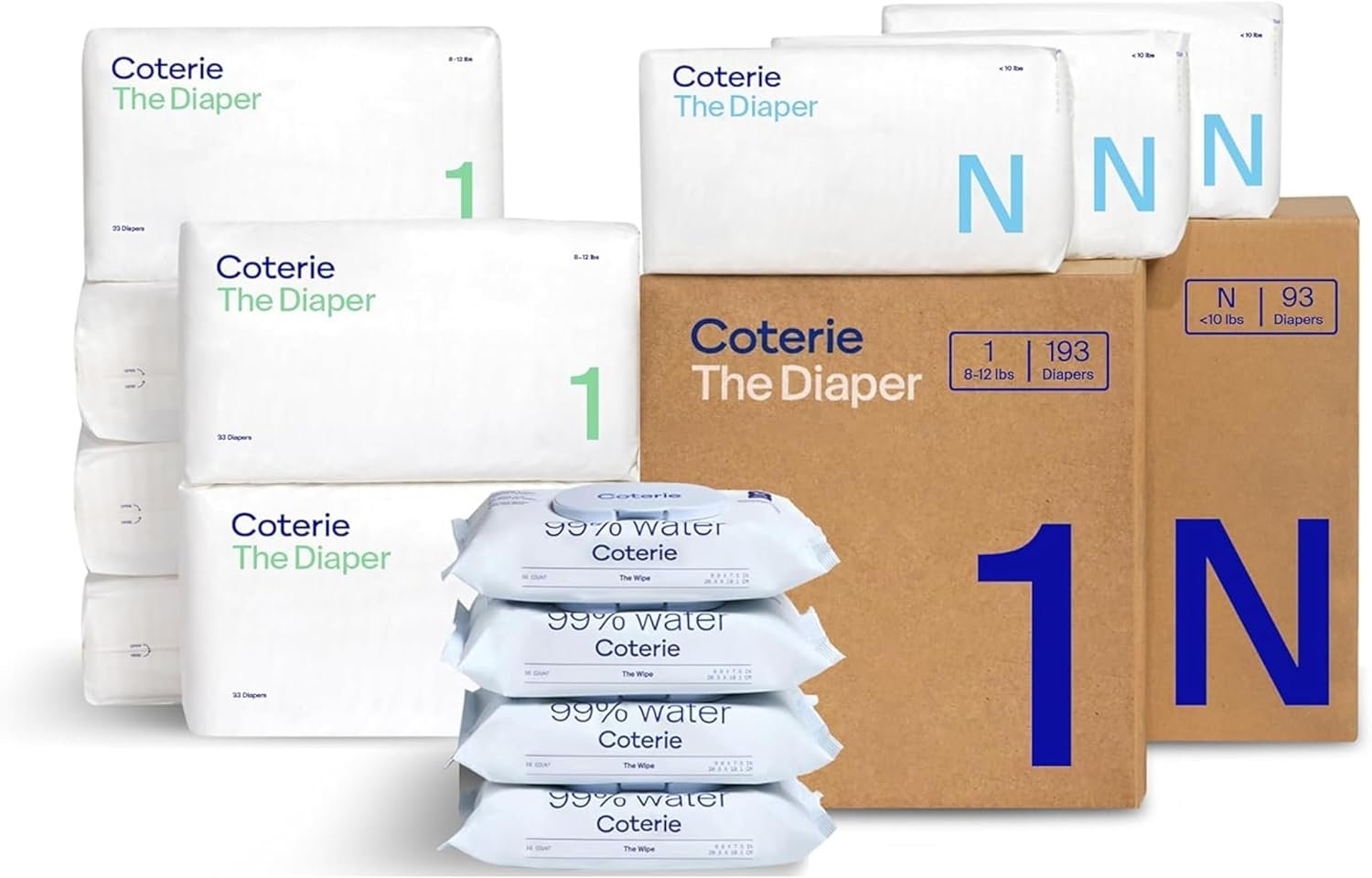 Coterie Baby Wipes + Diapers Kit, Size 1 (198 Count) & Size Newborn Diapers (93 Count), 4 Pack (224) Wipes with 99% Water, Plant Based Materials, Hypoallergenic for Sensitive Skin, Baby Essentials