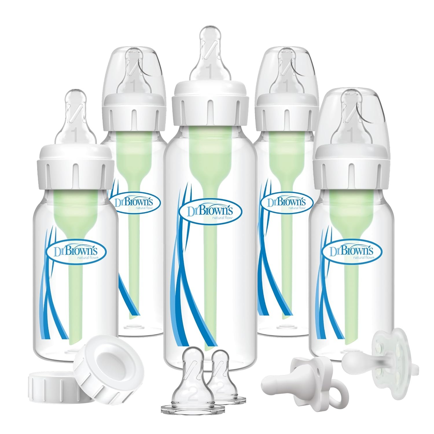 Dr. Brown’s Natural Flow Anti-Colic Options+ Narrow Baby Bottle Gift Set with Advantage Pacifier & Bottle Travel Caps, 0m+