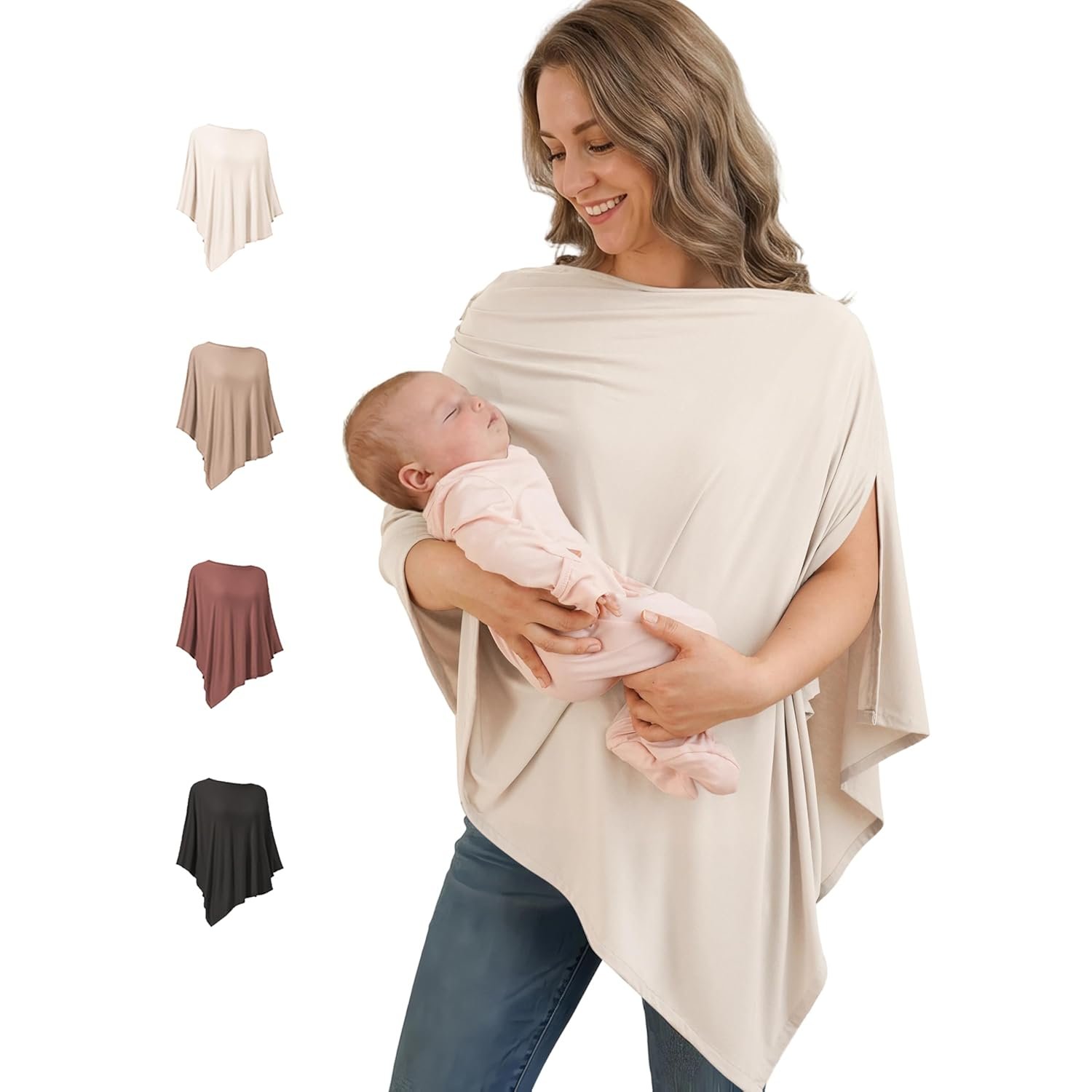 Konssy Rayon Made from Bamboo Nursing Cover for Breastfeeding, Buttery-Soft 360° Full Privacy Nursing Poncho, Breathable Stretchy Breastfeeding Cover, Multi-Use Car Seat Canopy (Blush Beige)