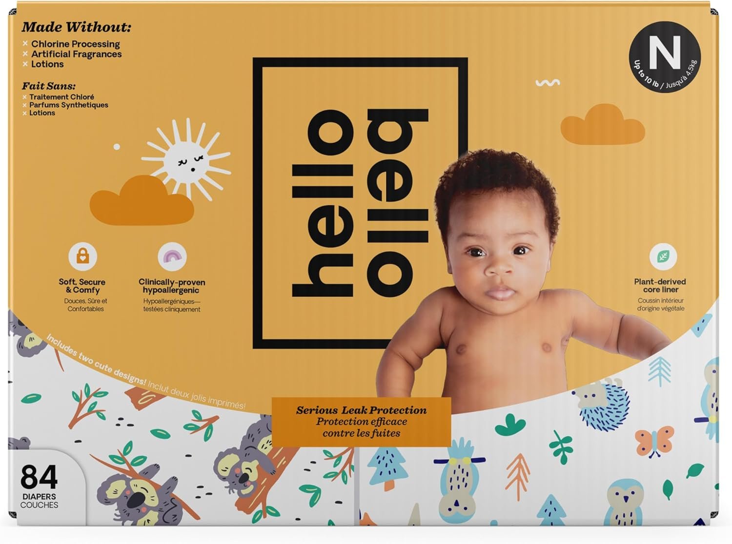 Hello Bello Diapers, Size Newborn (NB – Up to 10 lbs) – 84 Count of Premium Disposable Baby Diapers in Woodland Animals & Koala Kids Designs – Hypoallergenic with Soft, Cloth-Like Feel