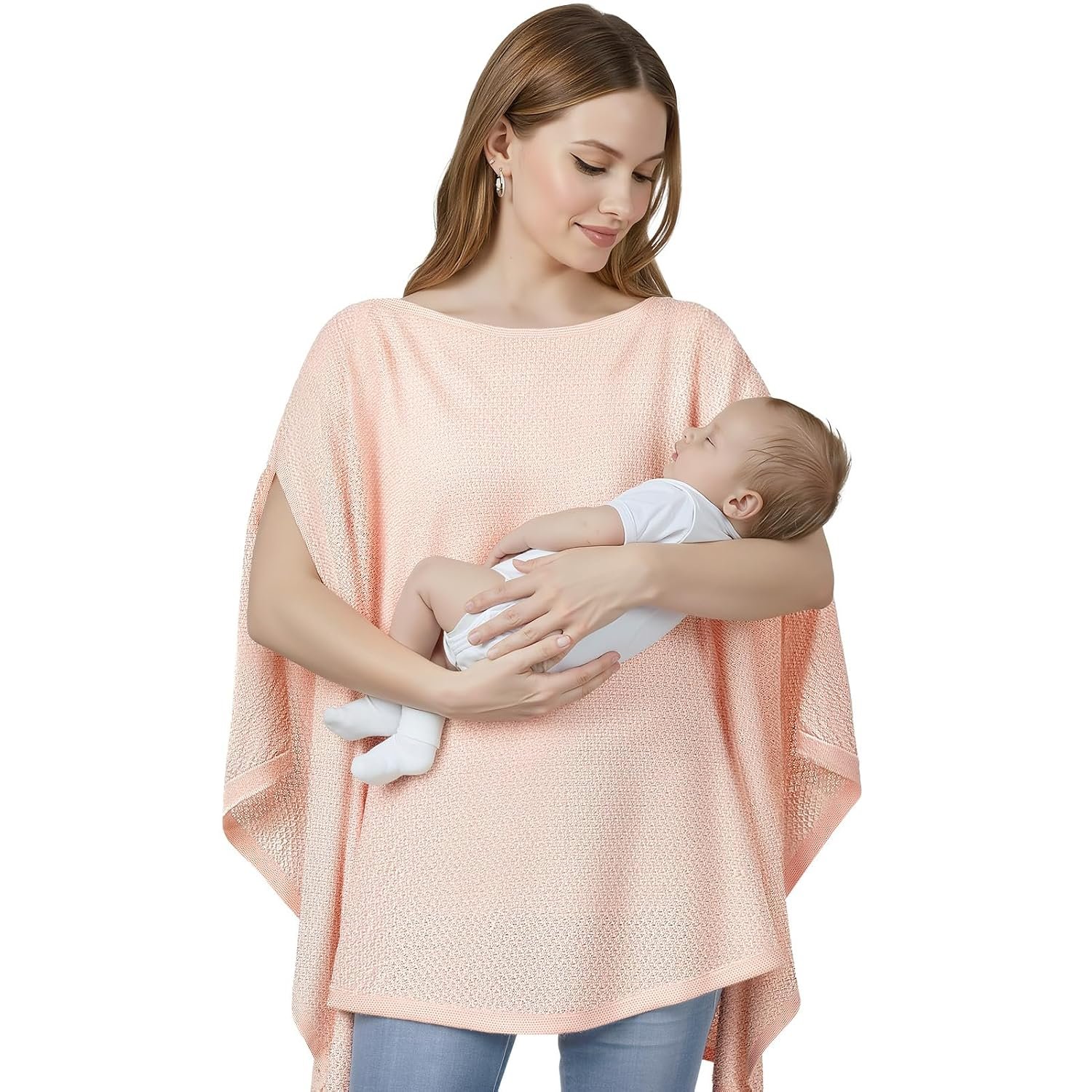 Knit Nursing Cover Up for Breastfeeding, Soft & Cozy Breastfeeding Poncho with Dual Side Slits, 360° Full Privacy Nursing Shawl with Laundry Bag, Pink