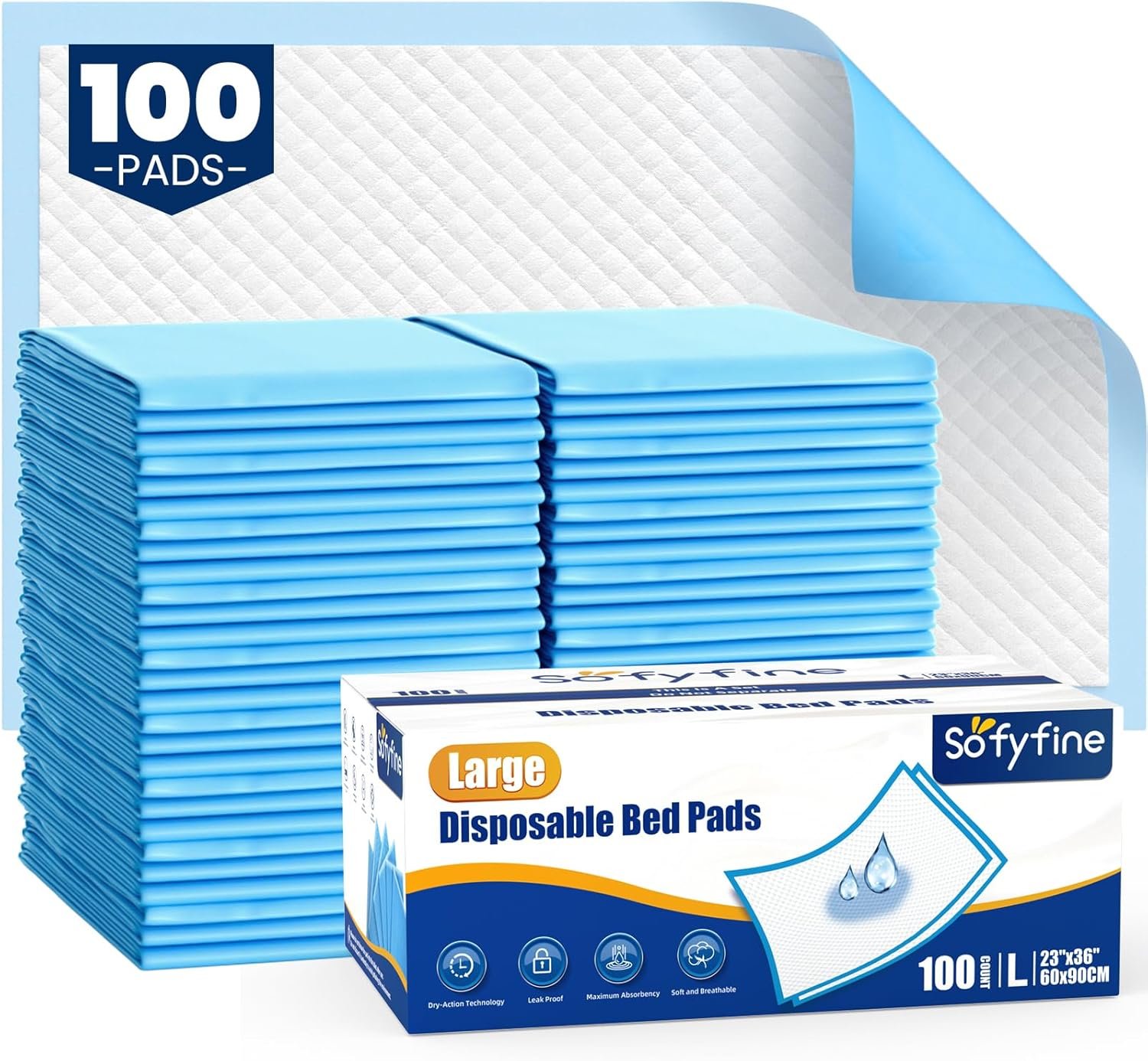 100 Count Disposable Beds Pads,23″x36″ Waterproof Adults Incontinence Chucks Underpads,Absorbent Leakproof Pee Pads for Kids,Elderly,Extra Large Dog Puppy Training Pad,Baby Changing Liner