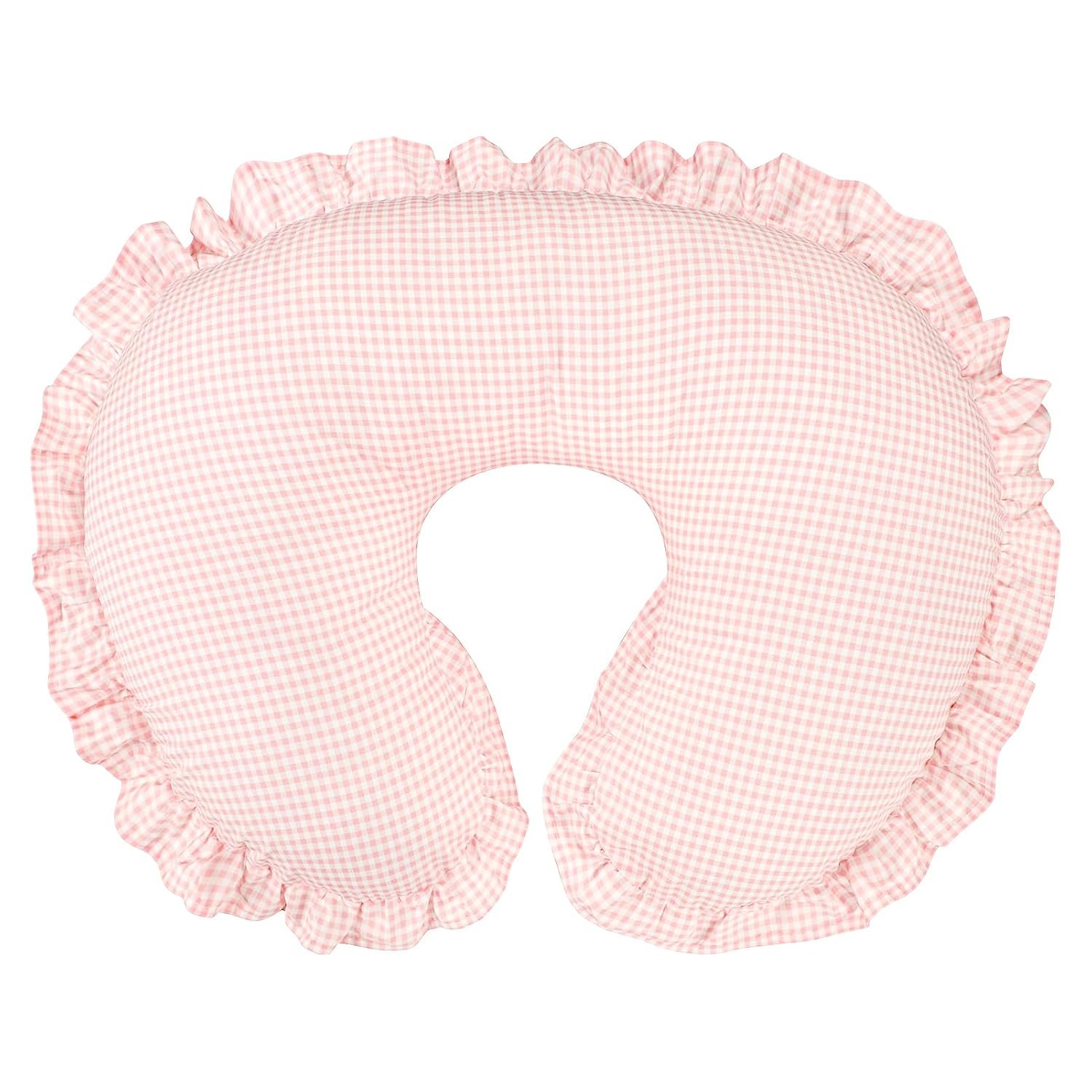 DILIMI Cotton Nursing Pillow Cover, Removable Ruffled Pillowcase for Breastfeeding Pillows, Ultra Soft Comfortable Slipcover for Baby Girl and Boy, Pink Gingham