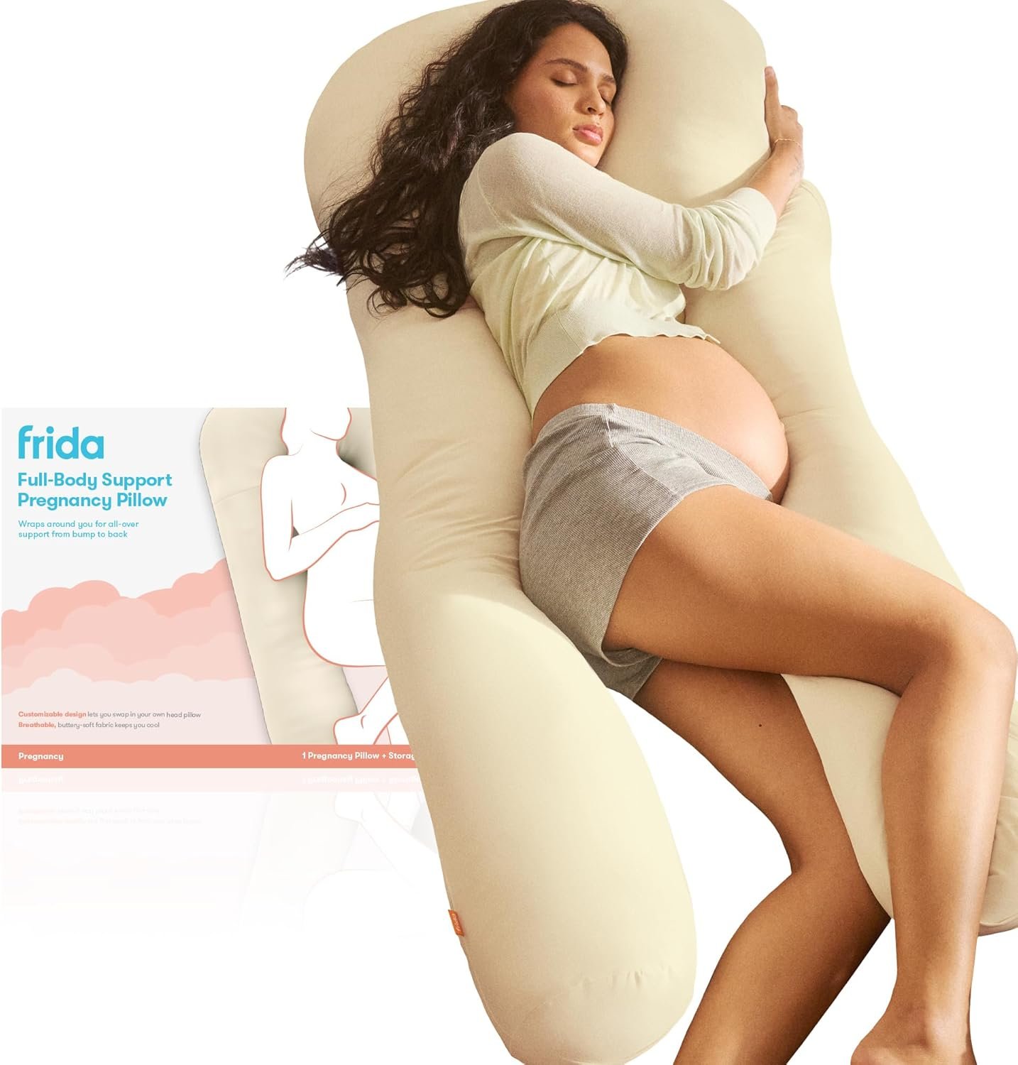 Frida Mom Full Body Support Pregnancy Pillow, Cooling Pregnancy Pillow, Wraps Around for All Over Support, Extended Length to Support from Head to Toe, Easy to Clean, Compact Storage Bag, Ivory