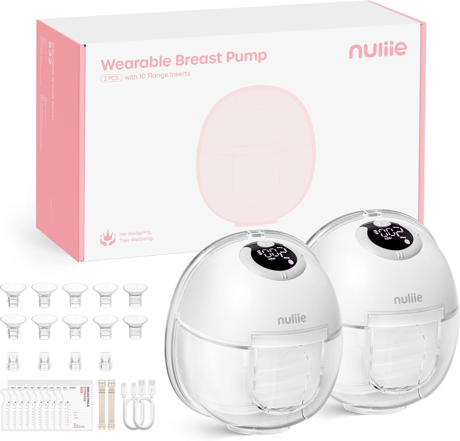 Nuliie S32 Wearable Breast Pump Hands-Free, More Private Electric Pump, 4 Modes 9 Suction Levels, 24mm Flange with 13/15/17/19/21mm Inserts, Easy Clean & Anti-Leak Design (2 Packs, White)