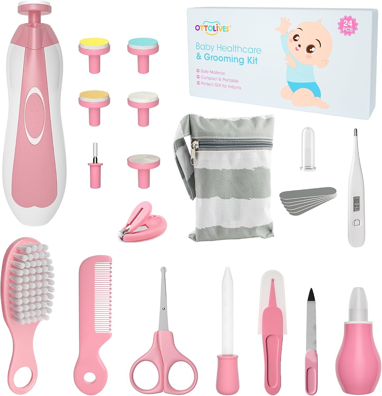 Baby Healthcare and Grooming Kit, 24 in 1 Baby Electric Nail Trimmer Set Newborn Nursery Health Care Set for Newborn Infant Toddlers Baby Boys Girls Kids Haircut Tools (0-3 Years+) (Pink)