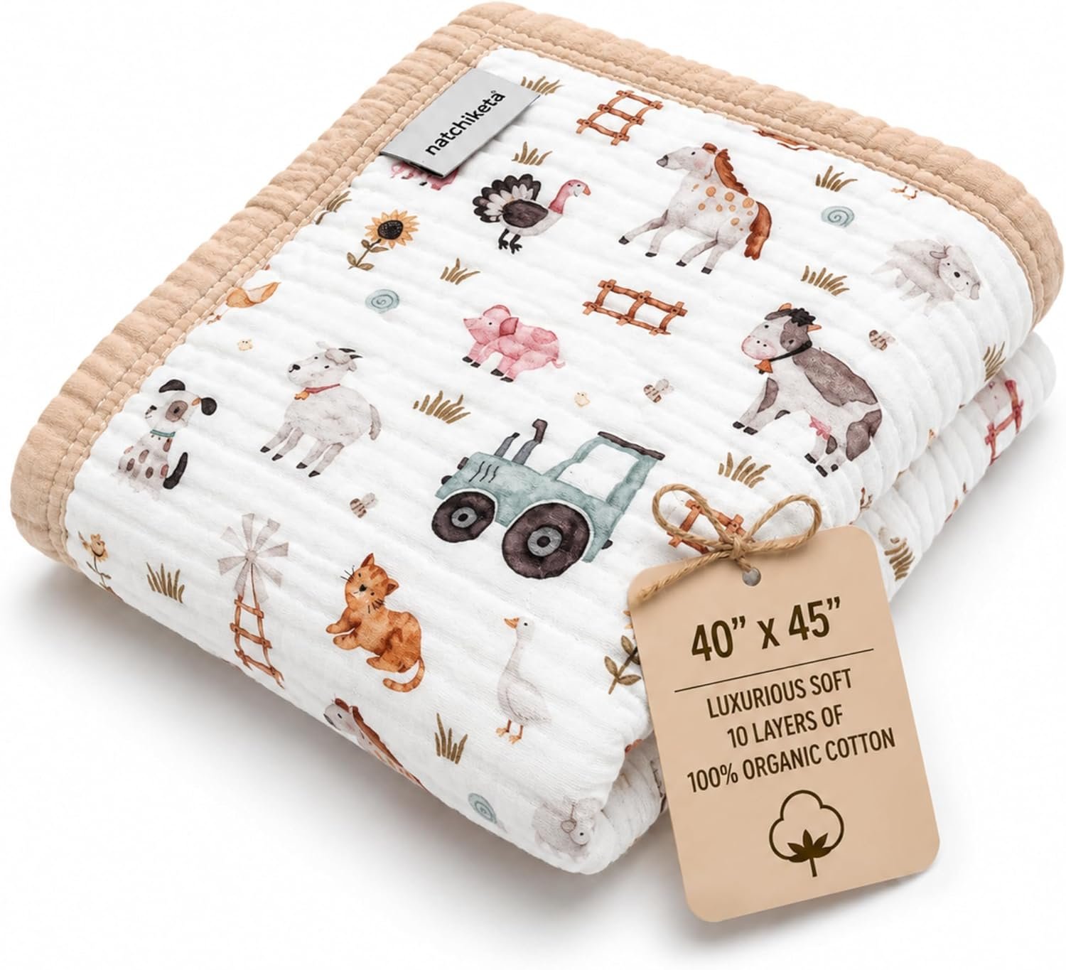 Organic Cotton Muslin Baby Blanket for Boys and Girls – Luxurious Soft Toddler Quilt for Swaddling – Gender Neutral Blanket – Baby and Toddler Gift – Farm
