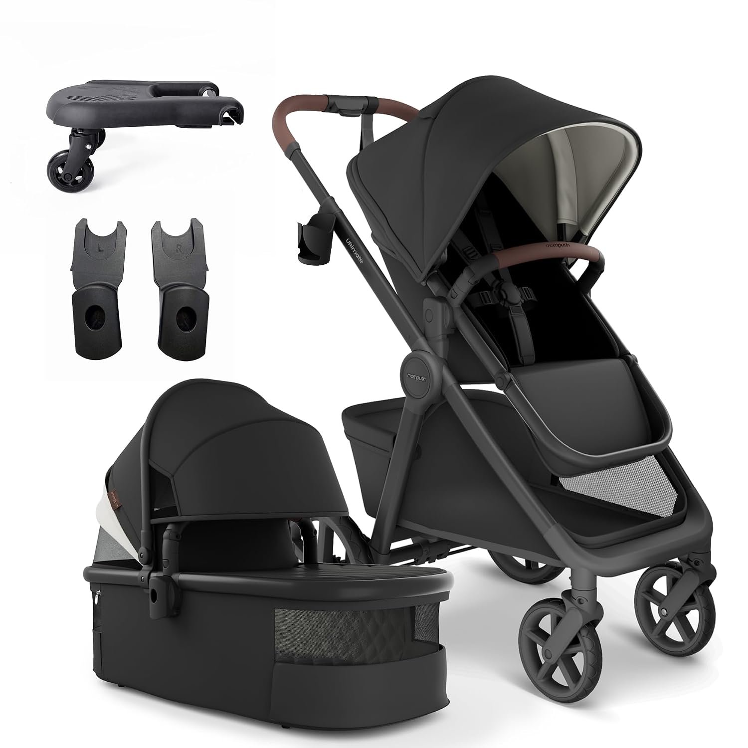 Mompush Ultimate 3 Stroller with Rider Board and Car Seat Adapter, Premium Convertible Full-Size Stroller for Infant and Toddler with Reversible Seat, All-Terrain Stroller with All-Wheel Suspension
