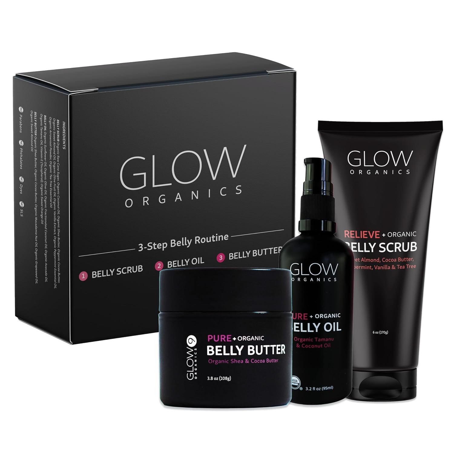 Glow Organics Stretch Mark Cream Belly Butter, Scrub and Oil, 3-Step Pregnancy Skin Care Kit, Belly Butter for Stretch Marks, Organic, Pregnancy & Baby Registry Must Haves, Mother To Be Gift.