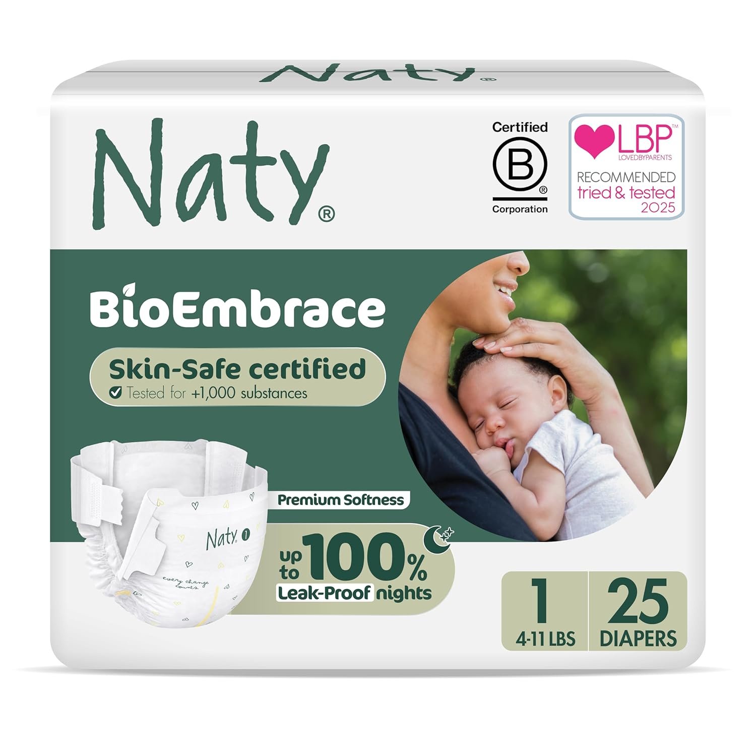Naty BioEmbrace Baby Newborn Diapers | Sensitive Skin Safe Certified | Leak Protection up to 100% | Plant-Based Teddy Softness, Premium Comfort | Chlorine-Free | Size 1 (4–11 lbs), 25 Count