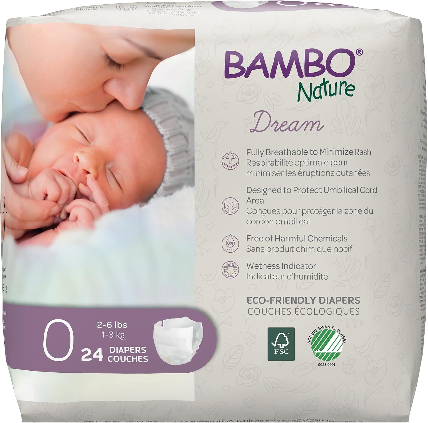 Bambo Nature Hypoallergenic Dream Baby Diapers, Premium Eco-Labeled Sustainable Diapers, Enhanced Leakage Protection, Totally Chlorine-Free, Skin Friendly, and Super Absorbent – Size 0 (24 Count)