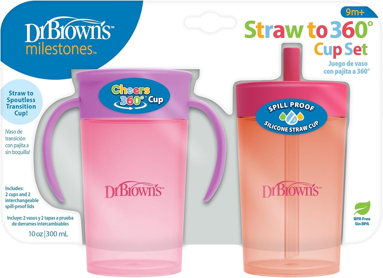 Dr. Brown’s Milestones Straw to 360 Convertible Toddler Training Cup Set with Interchangeable Silicone Straw and 360 Degree Cup Lids, Pink Coral, 10 oz/300 mL, BPA-Free, 9m+, 2-Pack