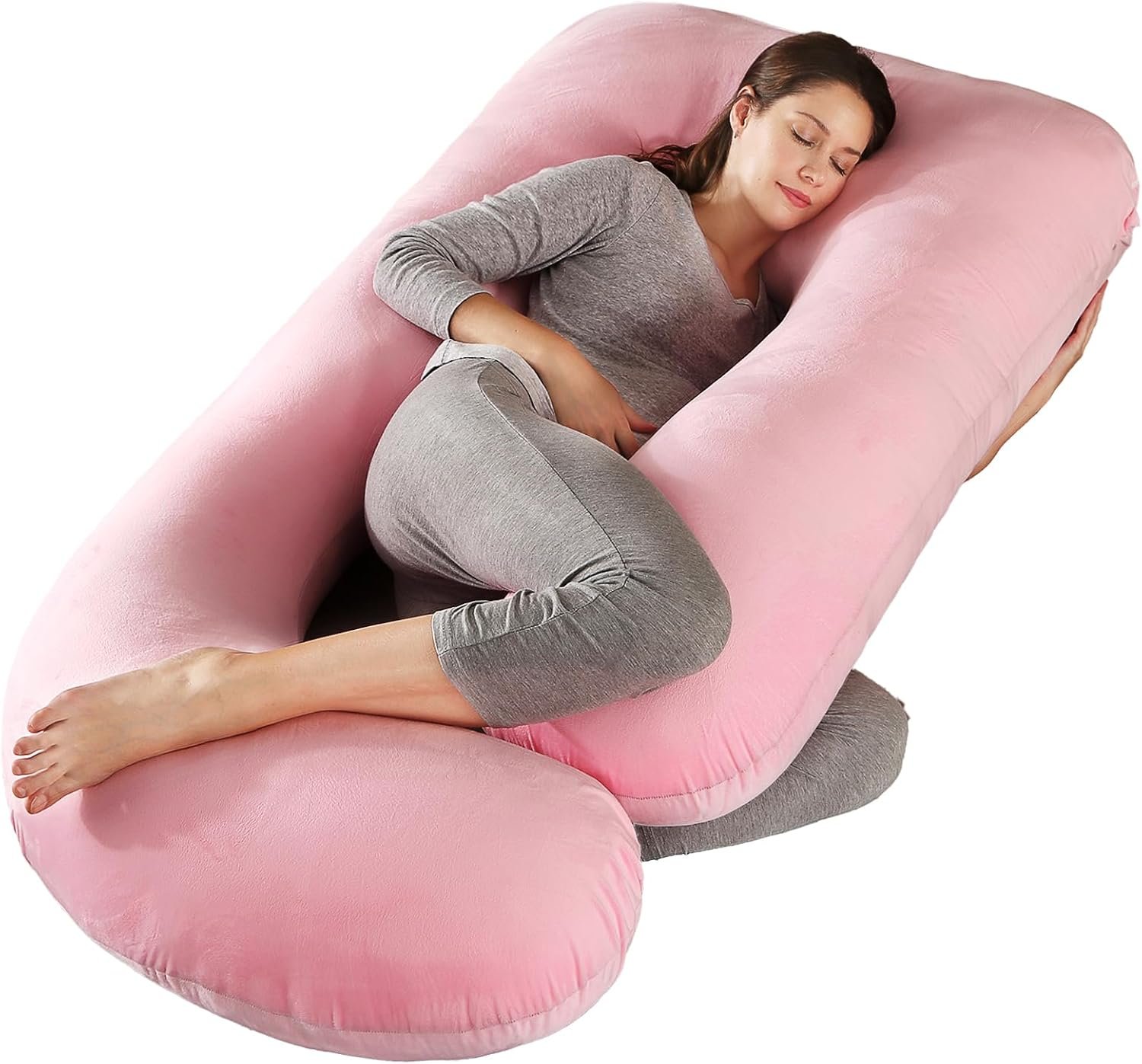 BATTOP Pregnancy Pillows for Sleeping- U Shaped Full Body Maternity Pillow, Pregnancy Pillow for Side Sleepers with Removable Cover, Supports Back, Hips, Belly & Legs (Pale Pink)
