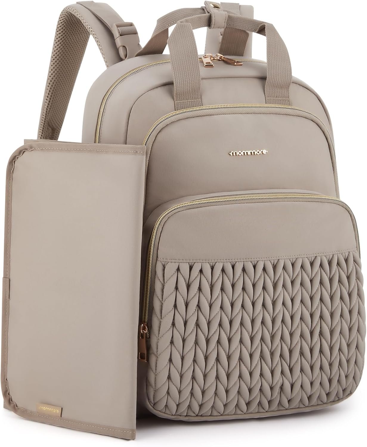 mommore Diaper Bag Backpack, Stylish Travel Baby Bag with Insulated Pockets, Changing Pad and Stroller Straps for Toddler (L-Brown Taupe, Large-27L)
