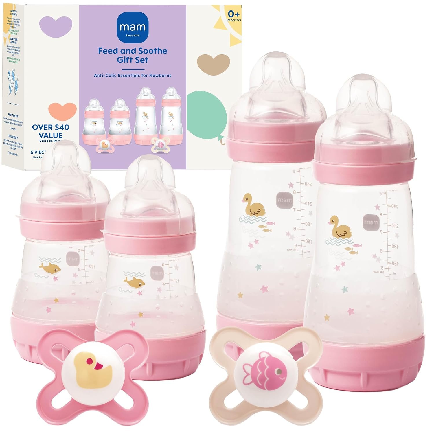 MAM Easy Start Anti-Colic Baby Bottle Starter Set – 4 Self Sterilizing Bottles (5oz & 9oz) + 2 Newborn Pacifiers Breastfed Baby Feeding Gift Set