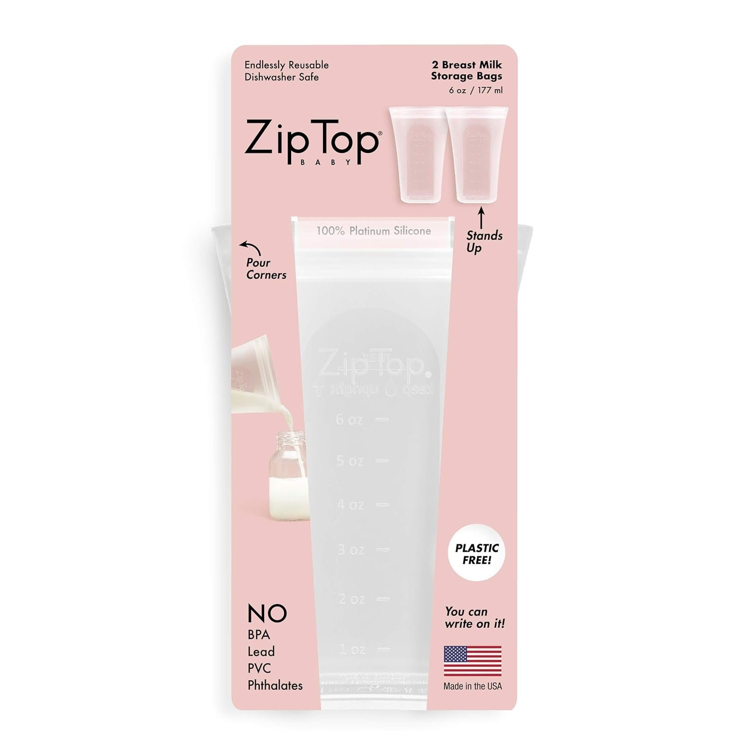 Zip Top Reusable 100% Silicone Breast Milk Storage Bags That Stand Up Stay Open and Zip Shut, Made in the USA – Set of 2 Bags